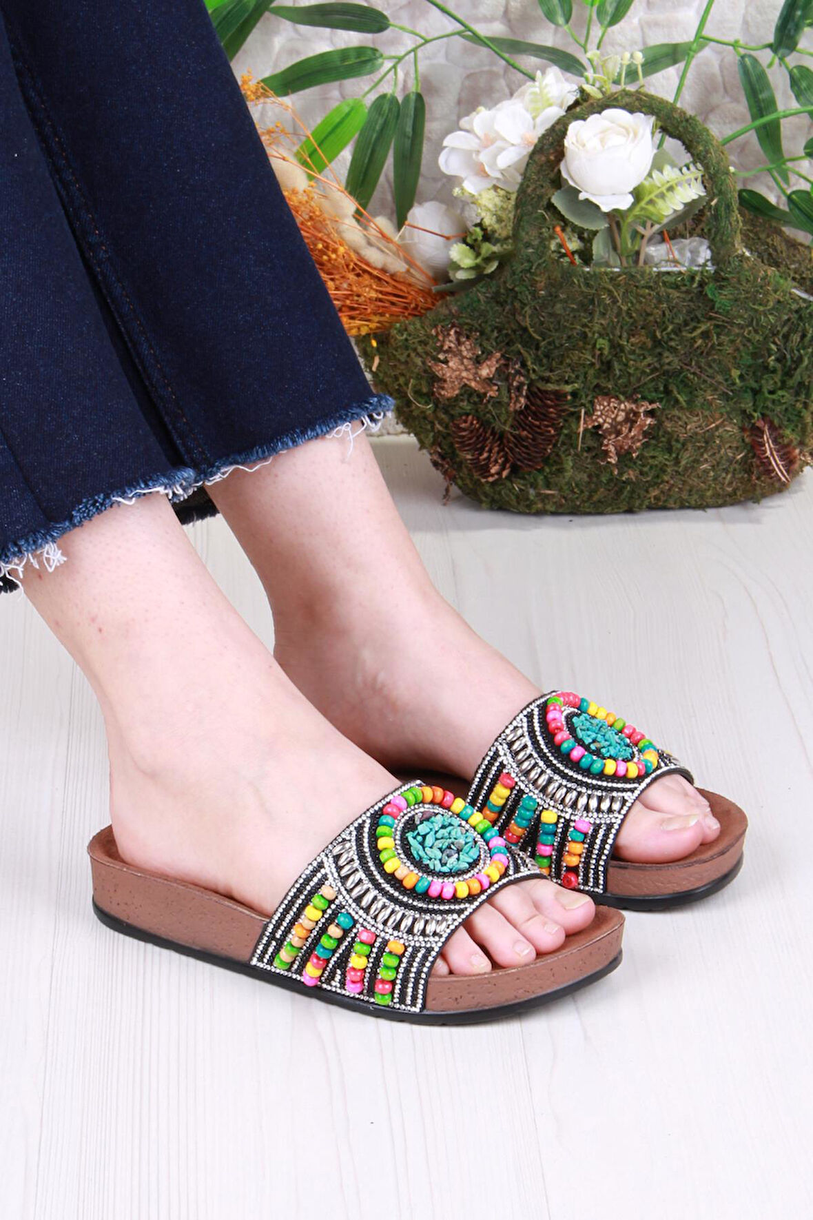 Fort 00303 Pienn Anatomik Esnek Rahat Taşlı Boncuklu Kadın Terlik