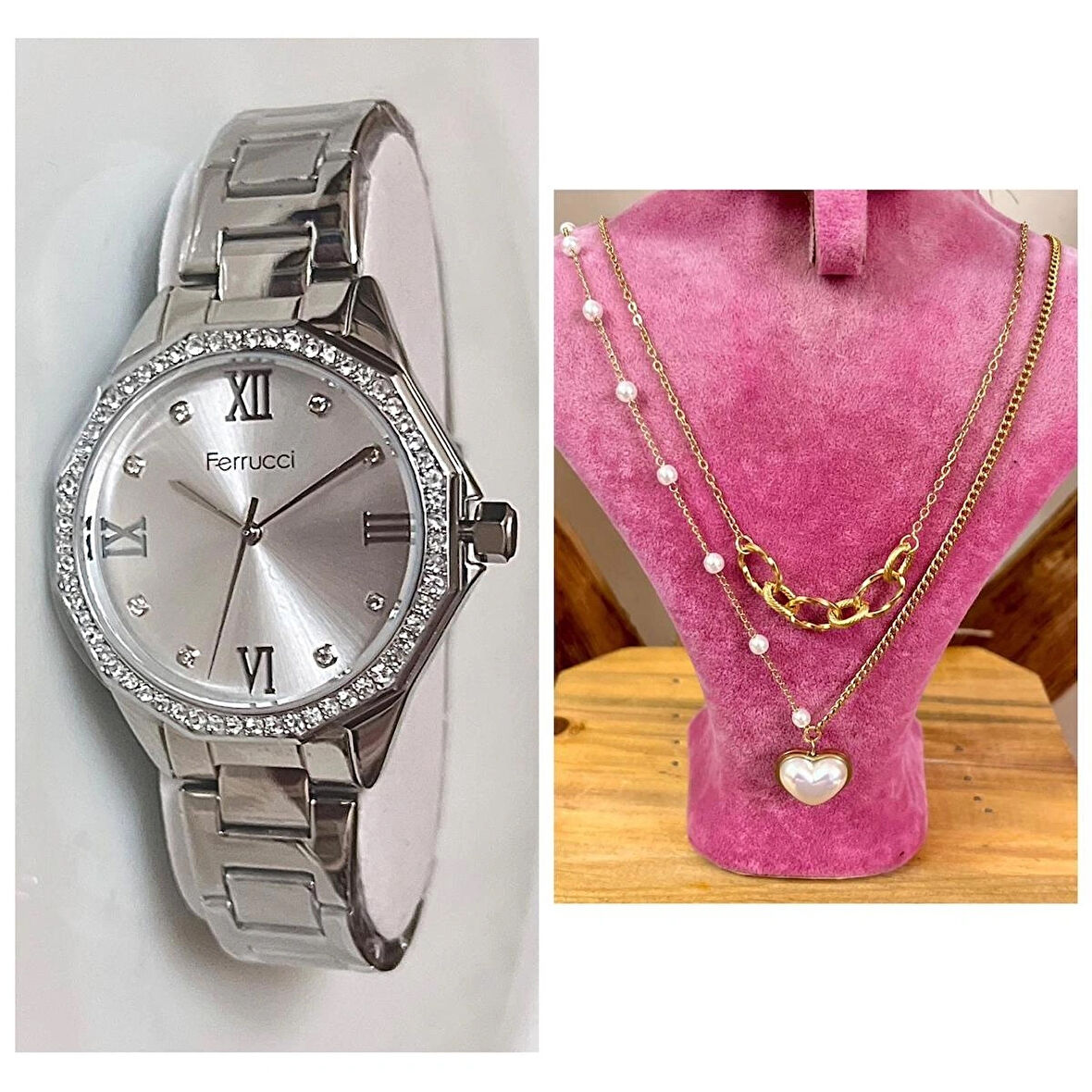 Ferrucci Silver Modern Kasa Şık Çelik Kadın Kol Saat+%100 Çelik Kolye Hediye