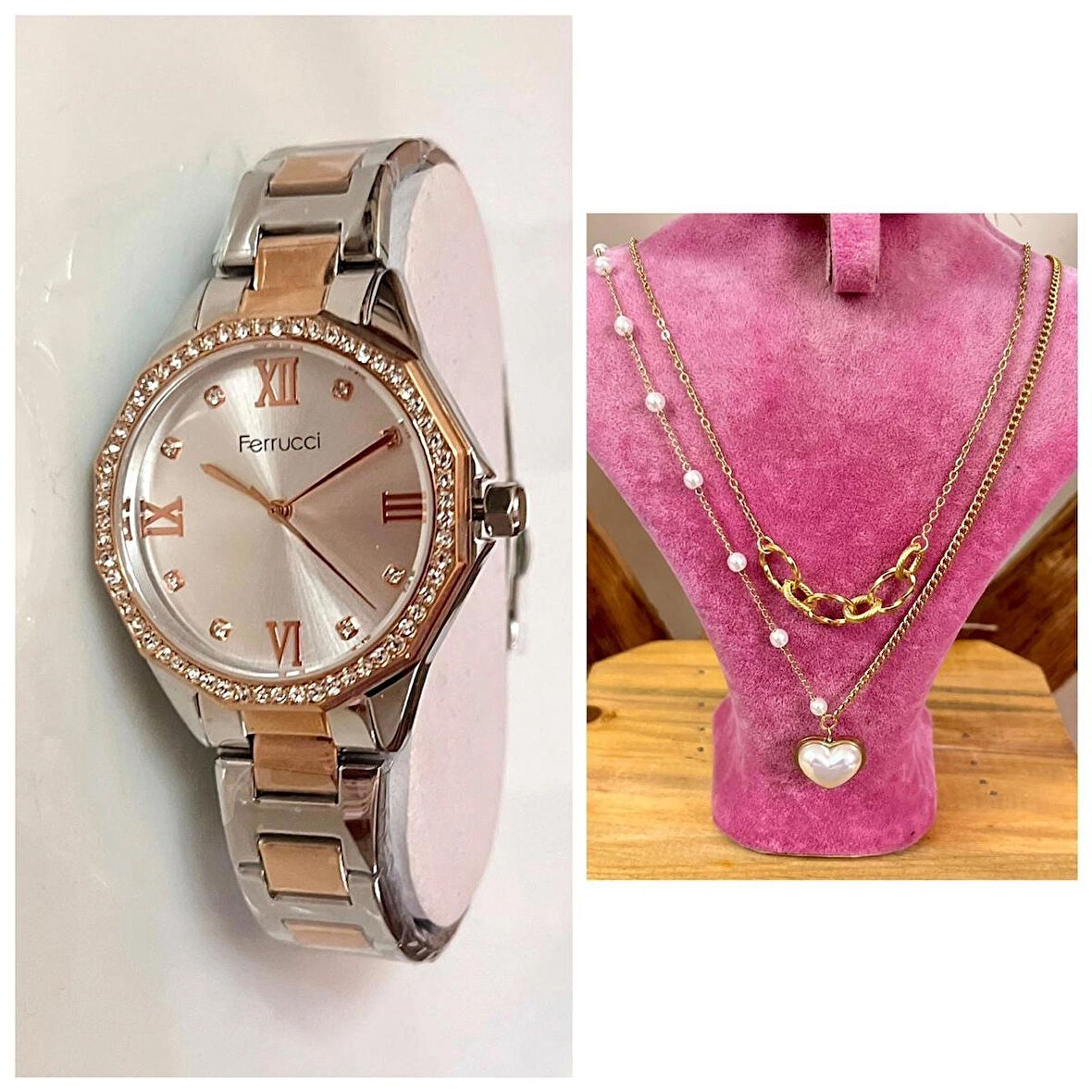 Ferrucci Modern Kasa Şık Çelik Kadın Kol Saat+%100 Çelik Kolye Hediye