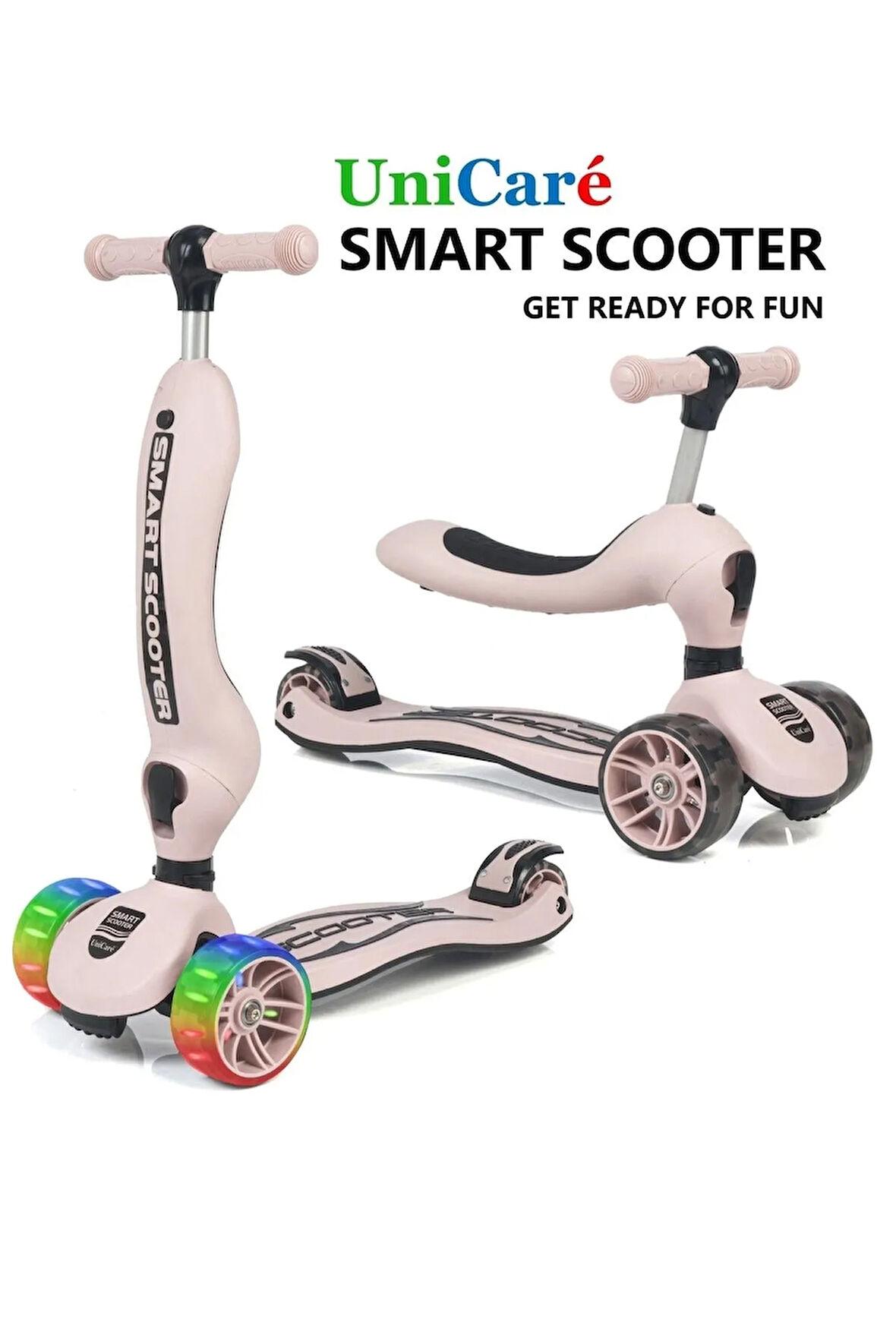 Smart Oturaklı Çocuk Scooter 3 Tekerlekli Işıklı Scooter Yükseklik Ayarlı 1-5 Yaş Somon