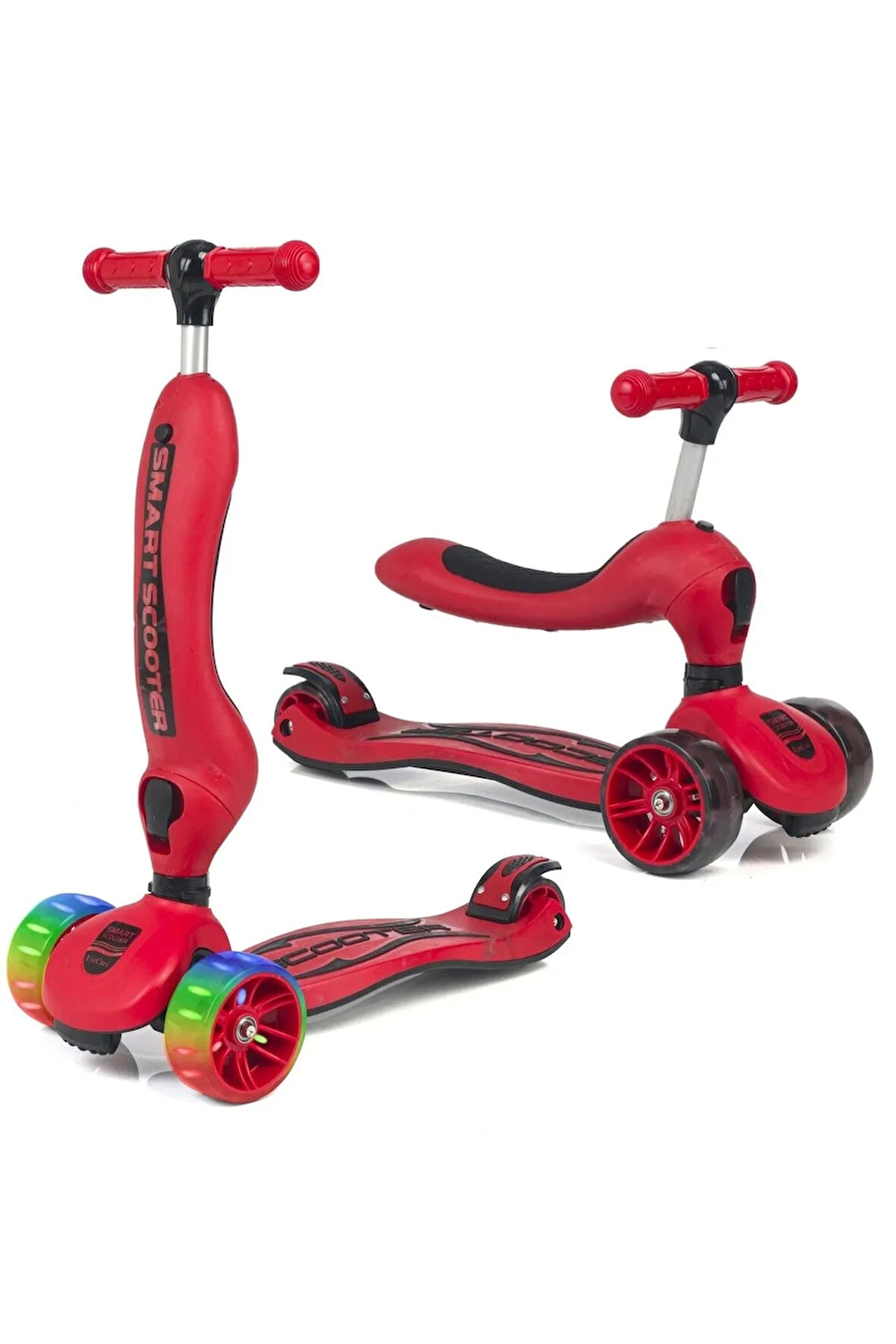 Smart Oturaklı Çocuk Scooter 3 Tekerlekli Işıklı Scooter Yükseklik Ayarlı 1-5 Yaş KIRMIZI