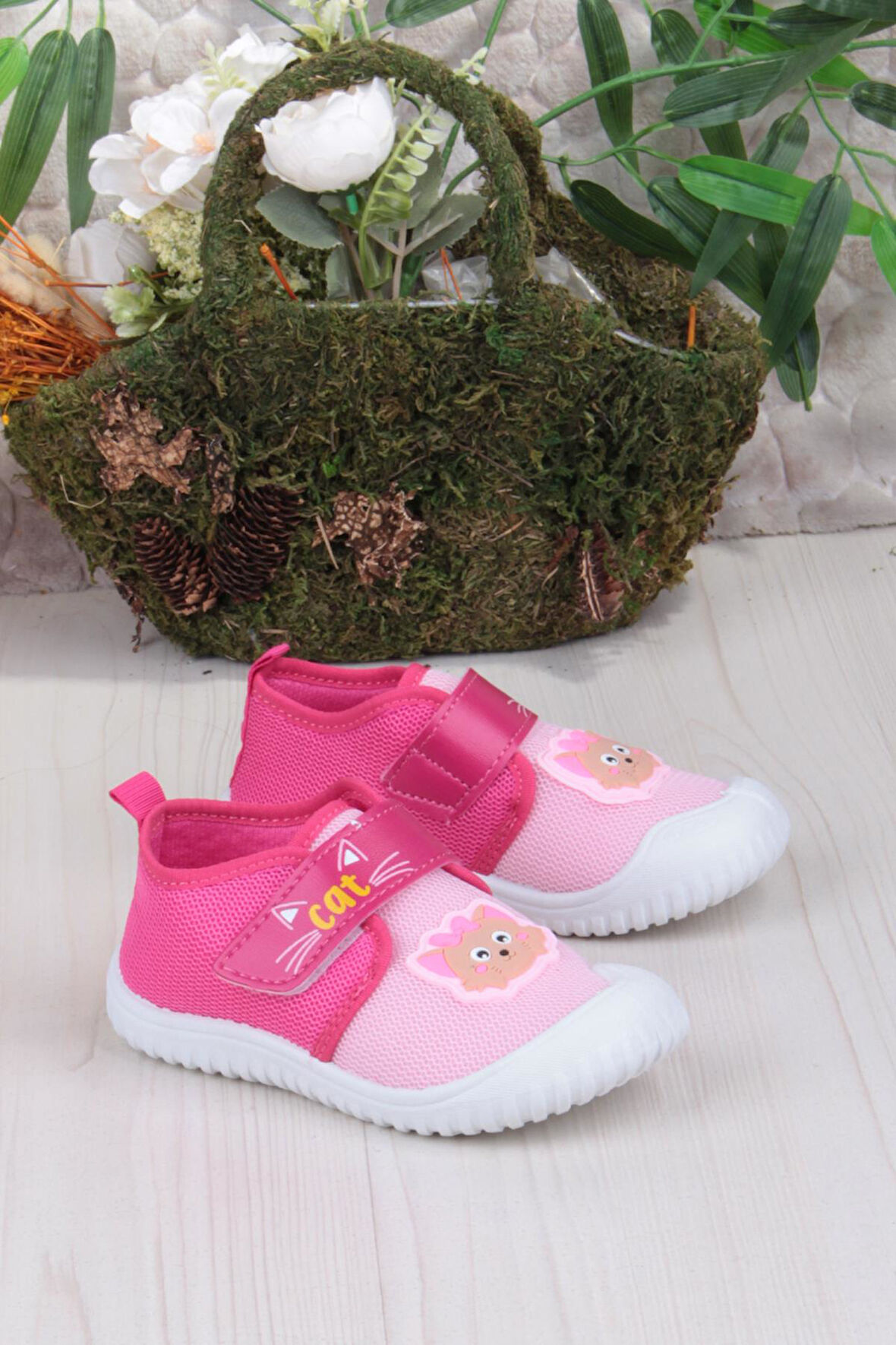 Fort 3410 Gz Kedi Figürlü Anaokulu Kreş Ev Kız Çocuk Keten Panduf Ayakkabı