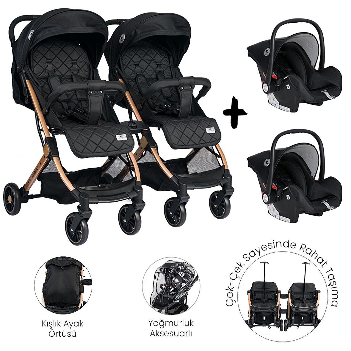 Lorelli Fiorano Kabin Set İkiz Bebek Arabası - Black