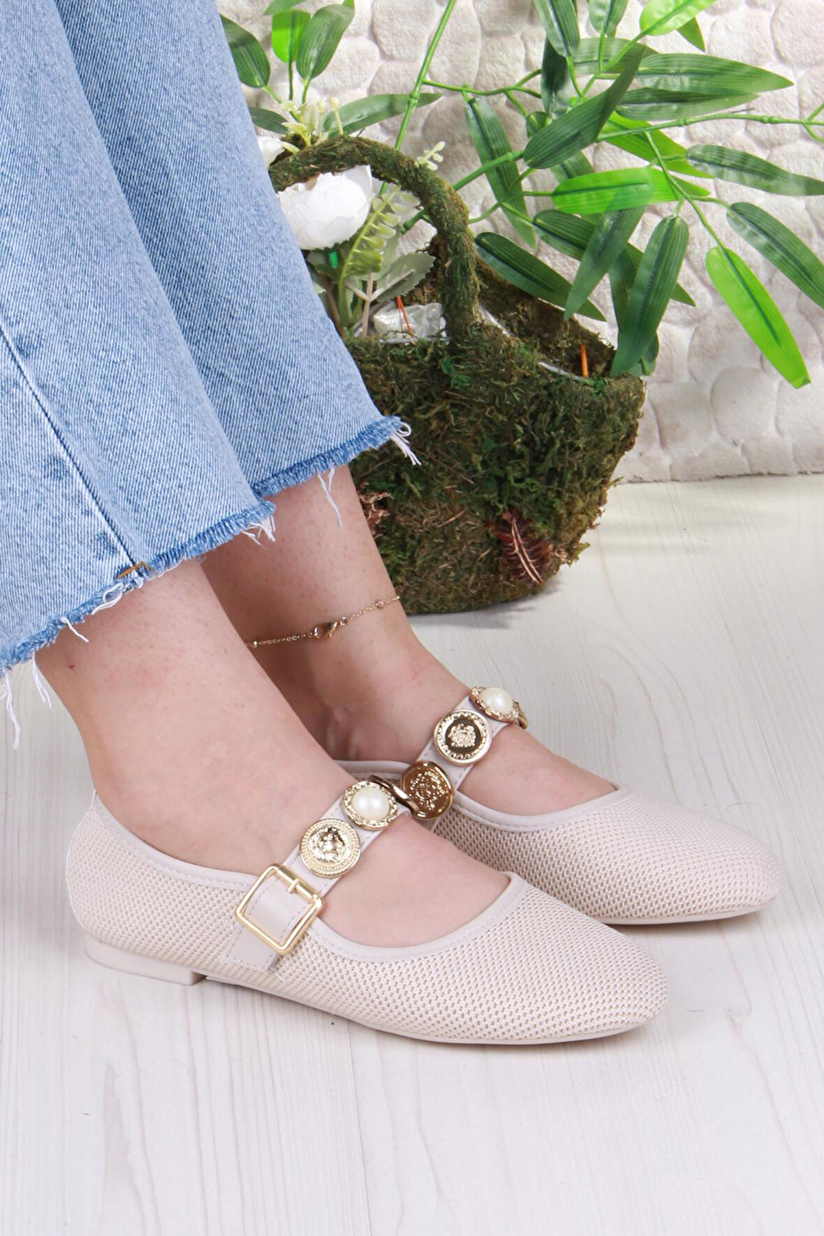 Fort 410 Ceyn Triko Toka Detaylı Şık Ev İş Ofis Rahat Günlük Ayakkabı Kadın Babet