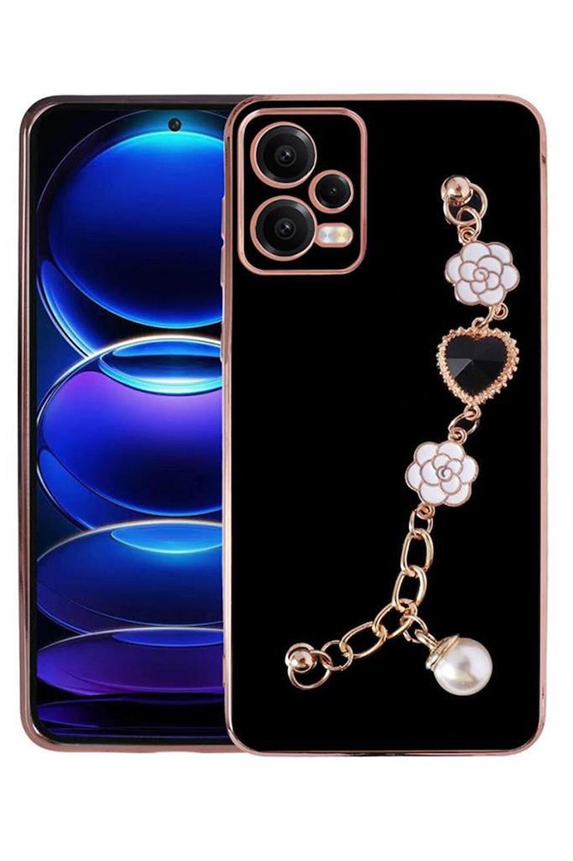 Xiaomi Redmi Note 12 4G Kılıf Kalpli Çiçekli Bileklik Zincirli Kamera Korumalı Kenarları Gold Renk, Silikon