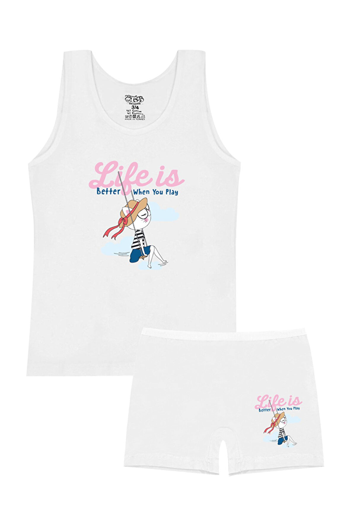 Öts Kız Çocuk Atlet Boxer Likralı Ekru Baskılı (%96 Pamuk - %4 Elastan)