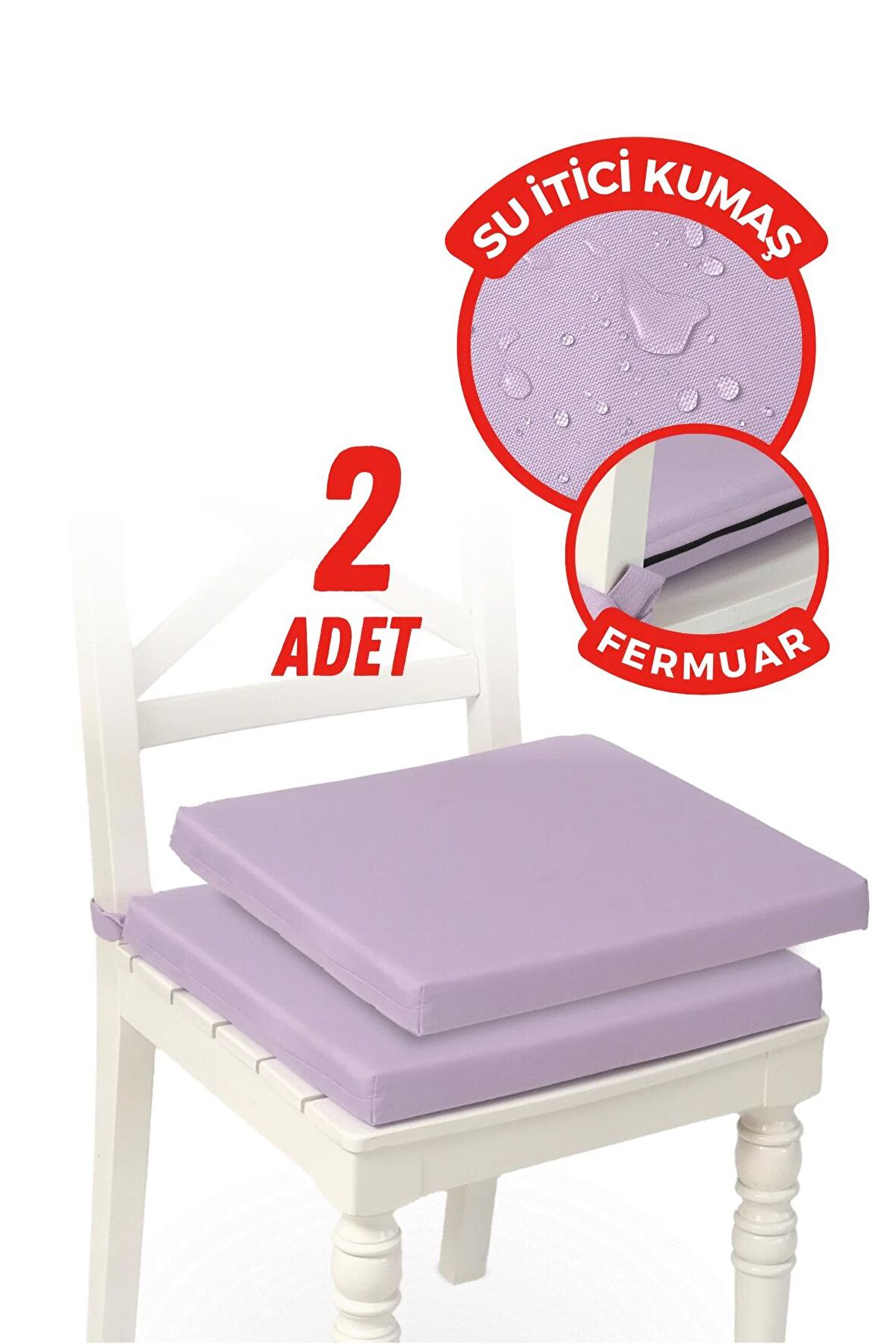 Xpermate Fermuarlı 2'li Sandalye Minderi Su İtici Kumaş 40x40Cm Sünger Sandalye Minderi Bağcıklı Lila