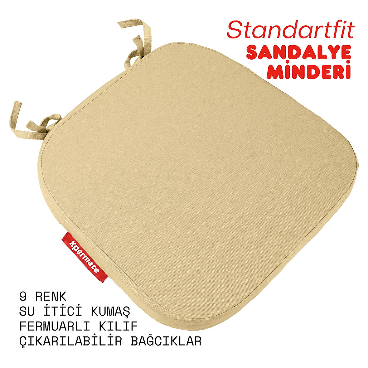 XPERMATE StandartFit Oval Sandalye Minderi Fermuarlı Yıkanabilir Kılıf Bağcıklı Su ve Yağ İtici 42x42x5 Bej