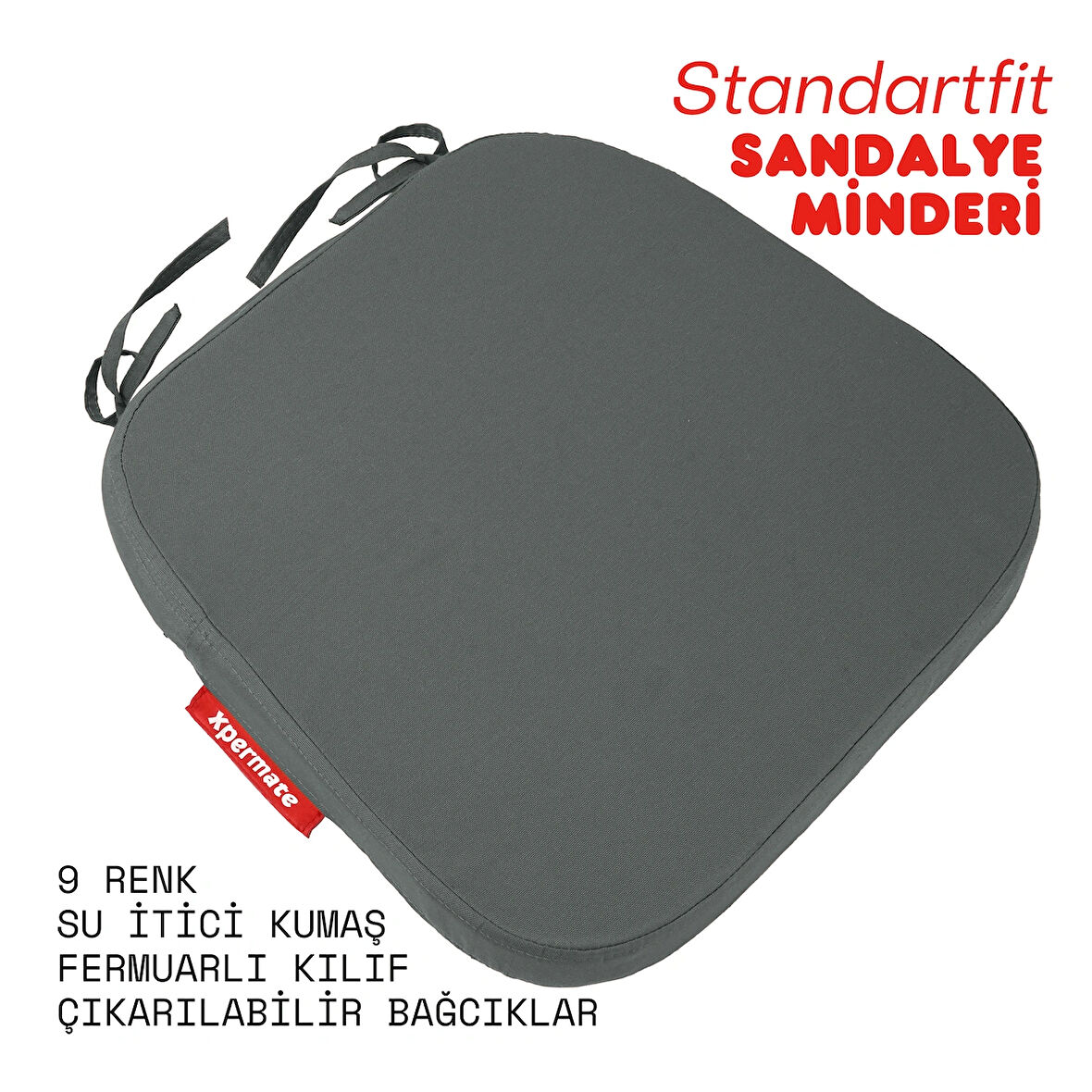 XPERMATE StandartFit Oval Sandalye Minderi Fermuarlı Yıkanabilir Kılıf Bağcıklı Su ve Yağ İtici 42x42x5 Antrasit