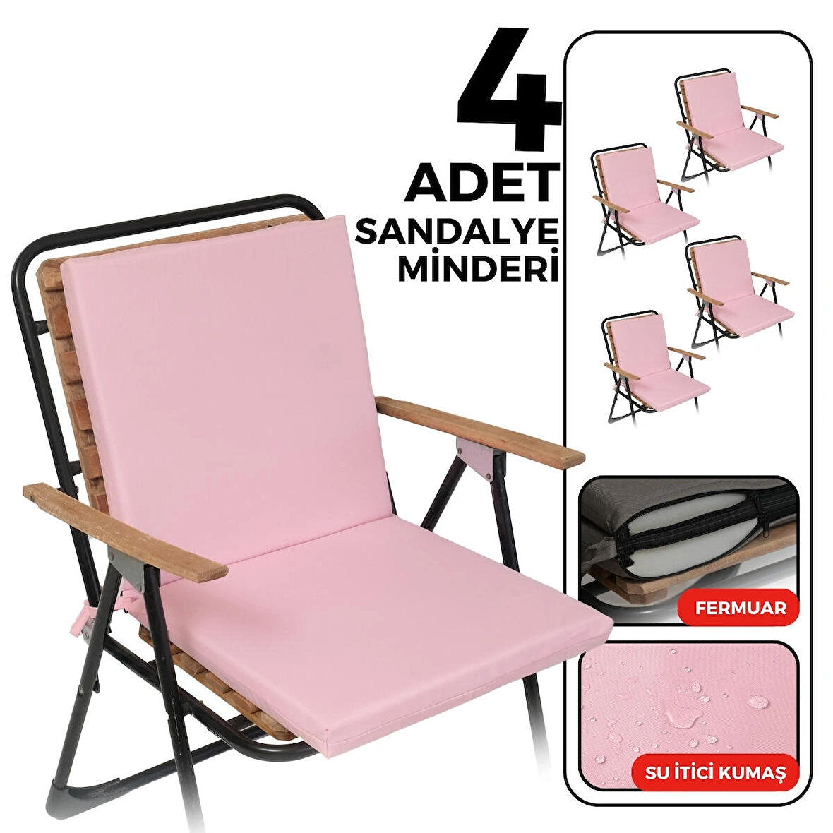 XPERMATE 4'lü Arkalıklı Sandalye Minderi Fermuarlı 40x40 Sırtlıklı Sandalye Minderi Pembe 