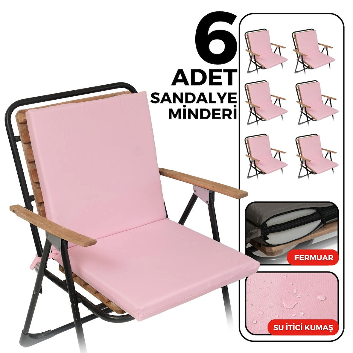 XPERMATE 6'lı Arkalıklı Sandalye Minderi Fermuarlı 40x40 Sırtlıklı Sandalye Minderi Pembe