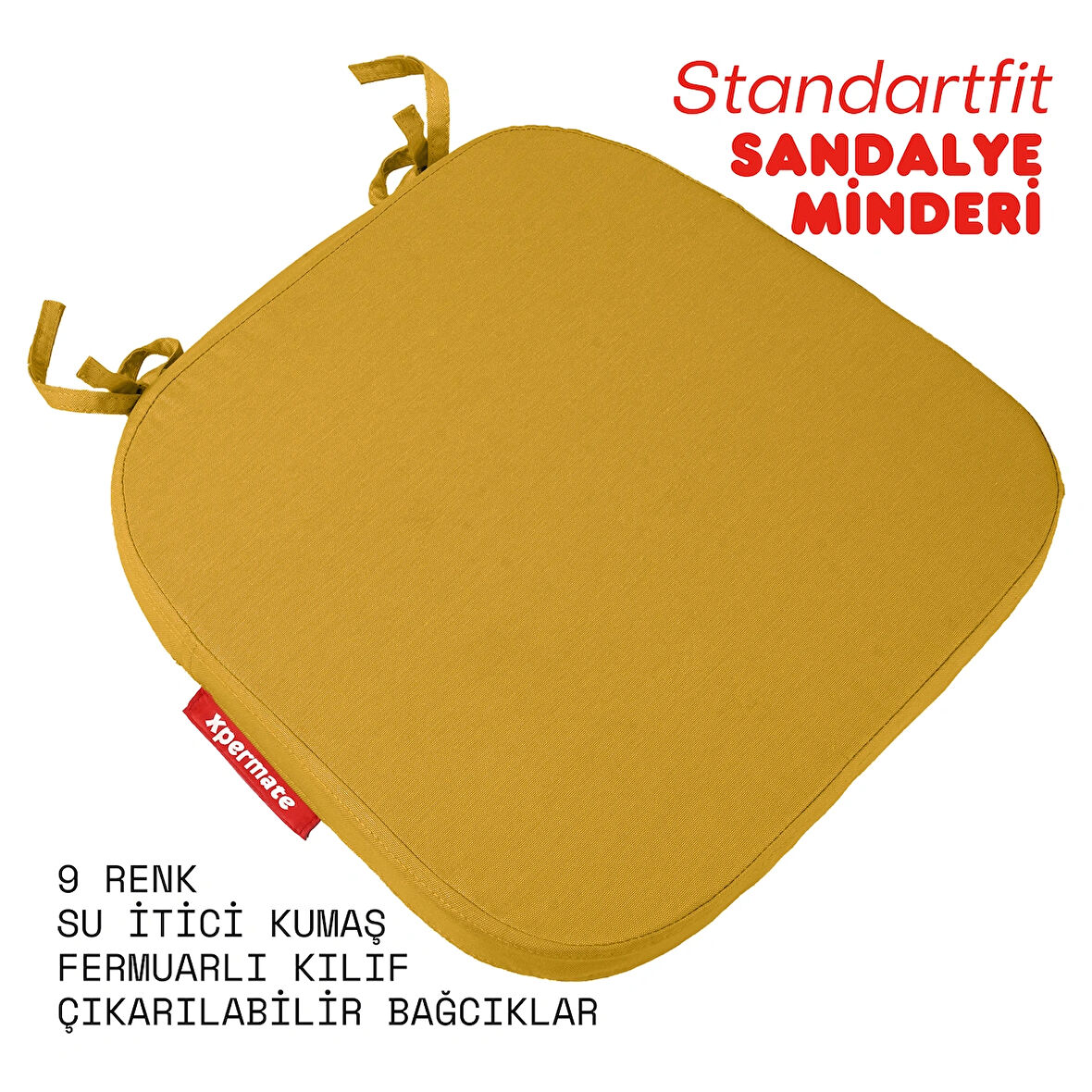 XPERMATE StandartFit Oval Sandalye Minderi Fermuarlı Yıkanabilir Kılıf Bağcıklı Su ve Yağ İtici 42x42x5 Hardal