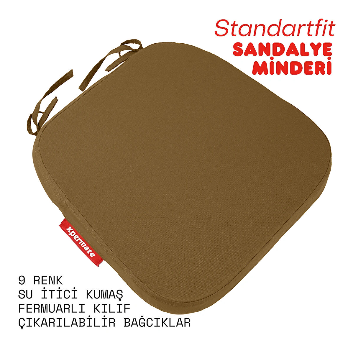 XPERMATE StandartFit Oval Sandalye Minderi Fermuarlı Yıkanabilir Kılıf Bağcıklı Su ve Yağ İtici 42x42x5 Kahverengi