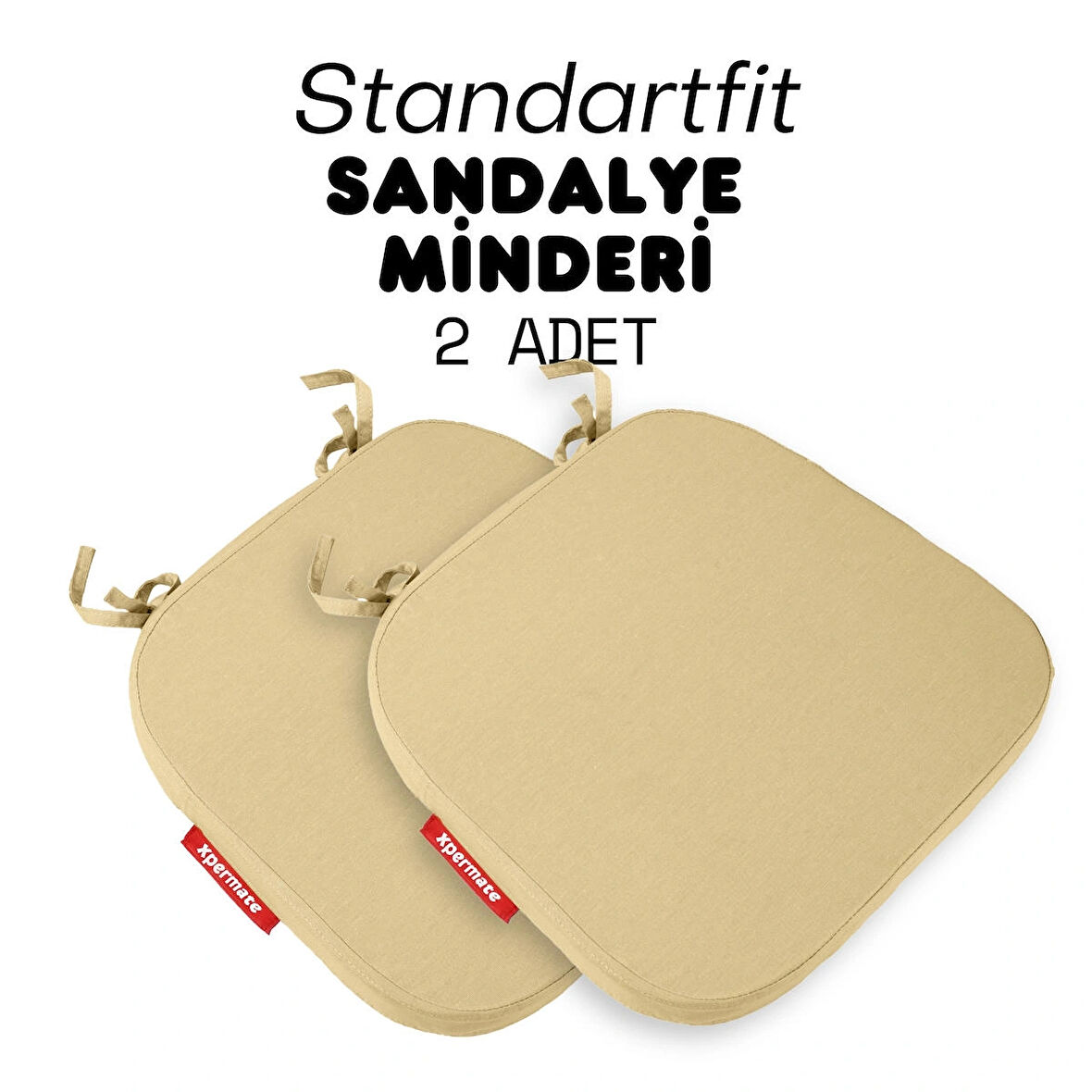 XPERMATE 2'li StandartFit Oval Sandalye Minderi Fermuarlı Yıkanabilir Kılıf Bağcıklı Su ve Yağ İtici 42x42x5 Bej