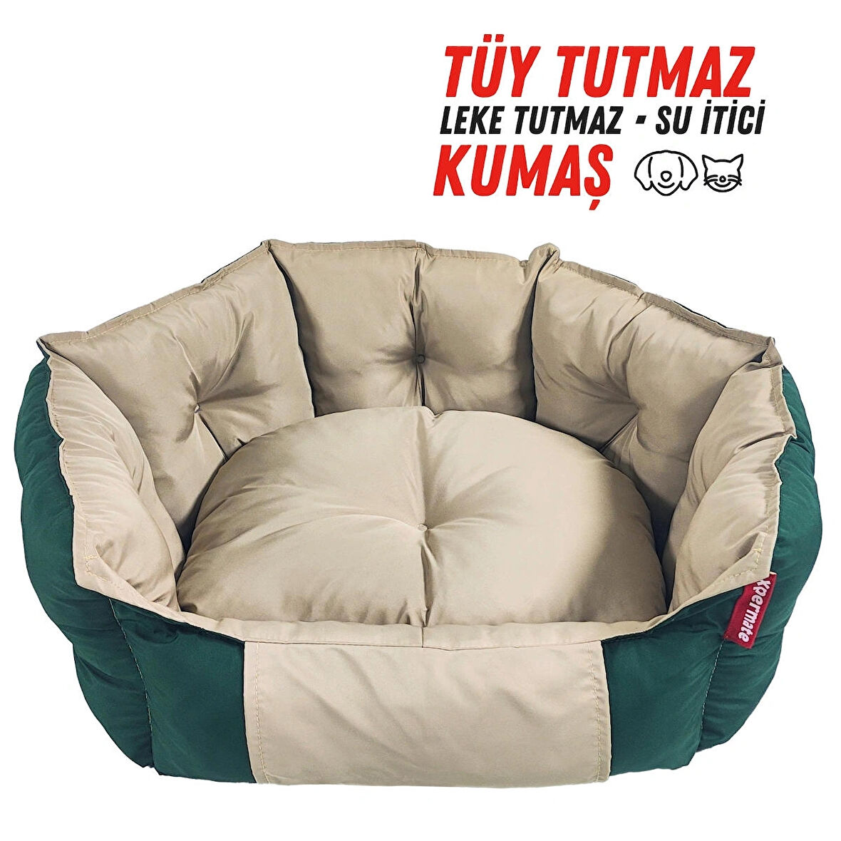 XPERMATE Kedi Yatağı Ve Köpek Yatağı Tüy Tutmaz Kumaş, Su Itici Kumaş 75x80x28  Yeşil Bej Biscuit