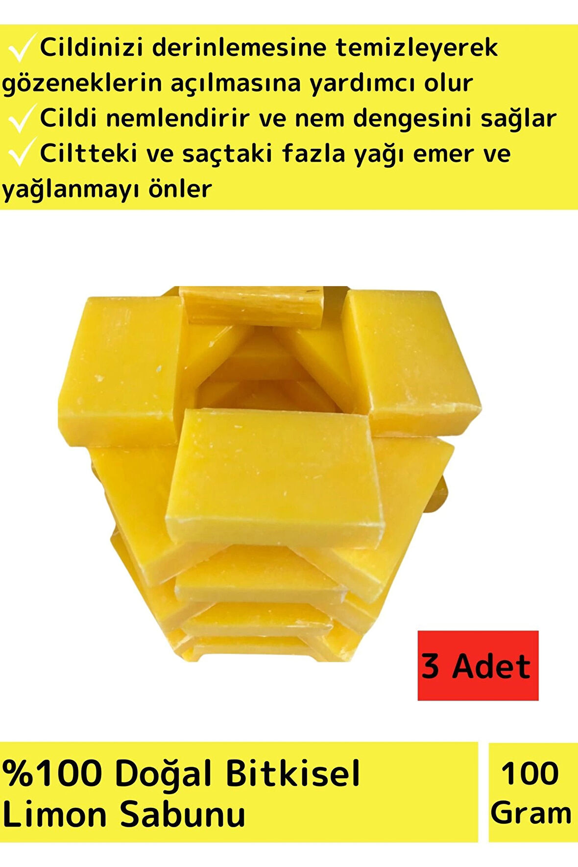 Özel Üretim %100 Doğal Ciltte Derinlemesine Temizlik Yüz Cilt Saç Vücut Bitkisel Limon Sabunu 3 Adet