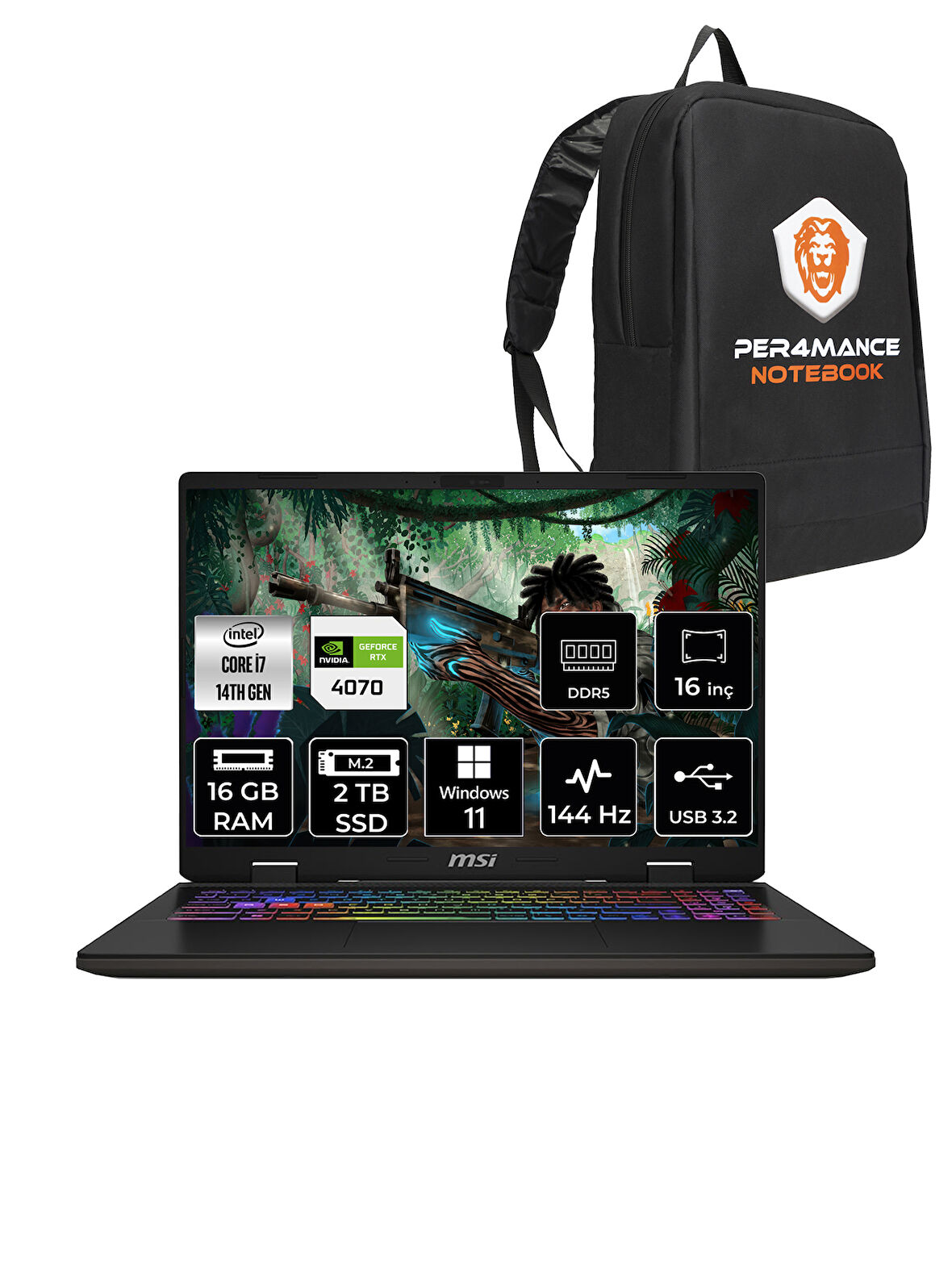 MSI SWORD 16 HX i7-14650HX 16GB 2TB SSD RTX4070/8GB 16" FHD+ 144HZ W11P B14VGKG-473XTR & PER4 ÇANTA