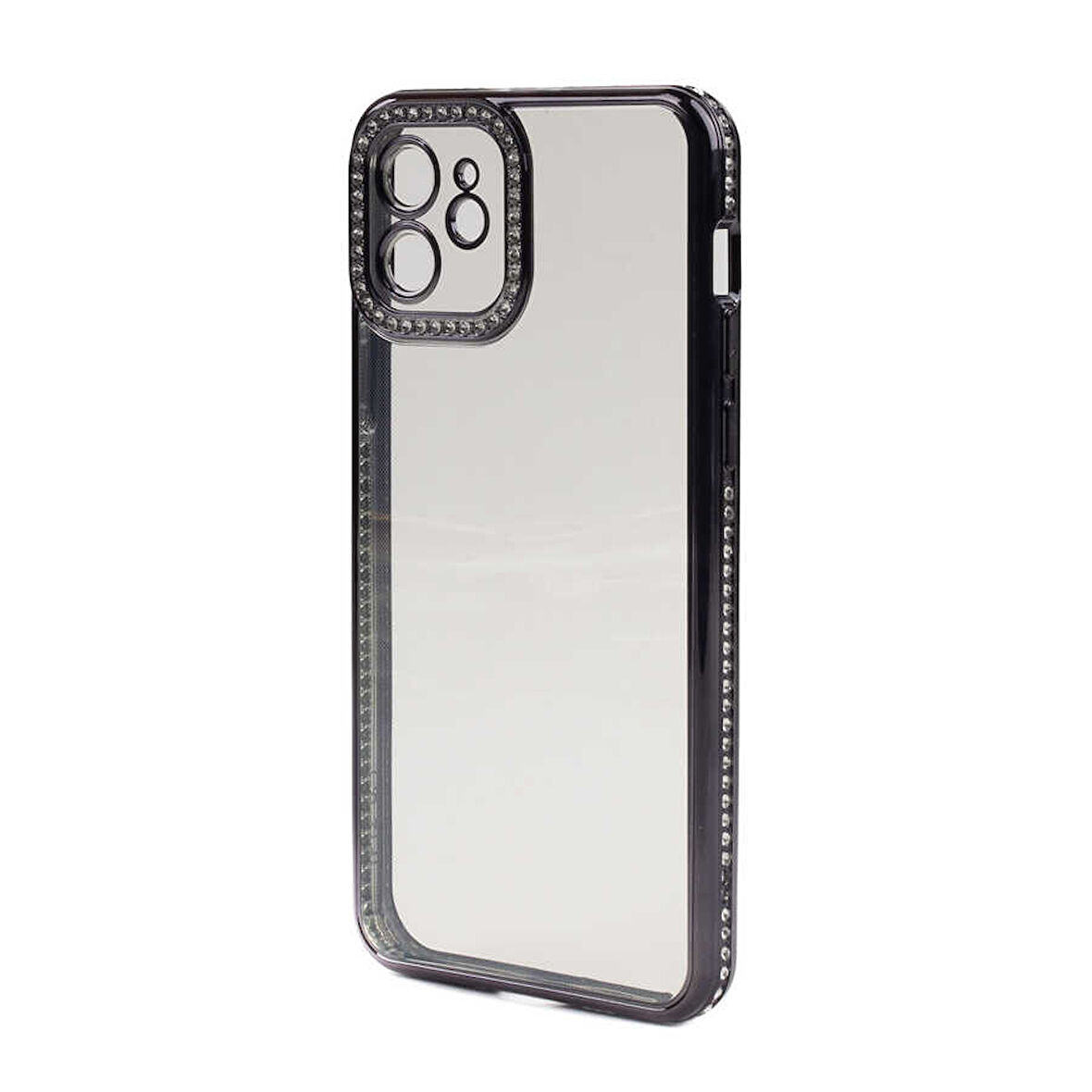 iPhone 12 Kılıf Şeffaf Arka Yüzey Kamera ve Kenarları Taşlı Silikon