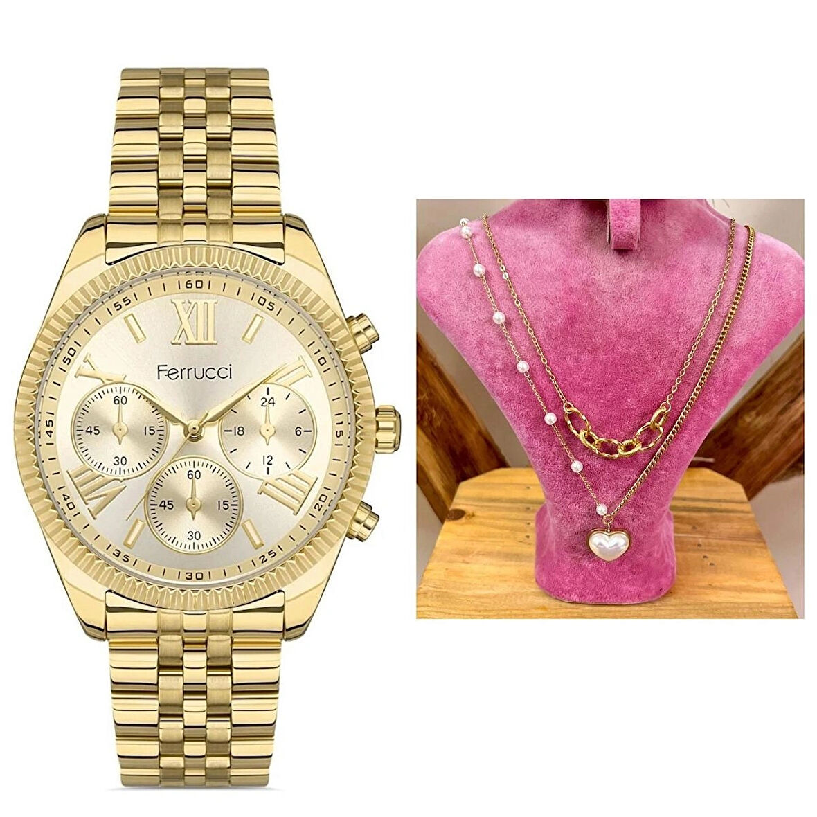 Ferrucci Gold Roma Rakamlı Çelik Kadın Kol Saat+Çelik Kolye Hediye