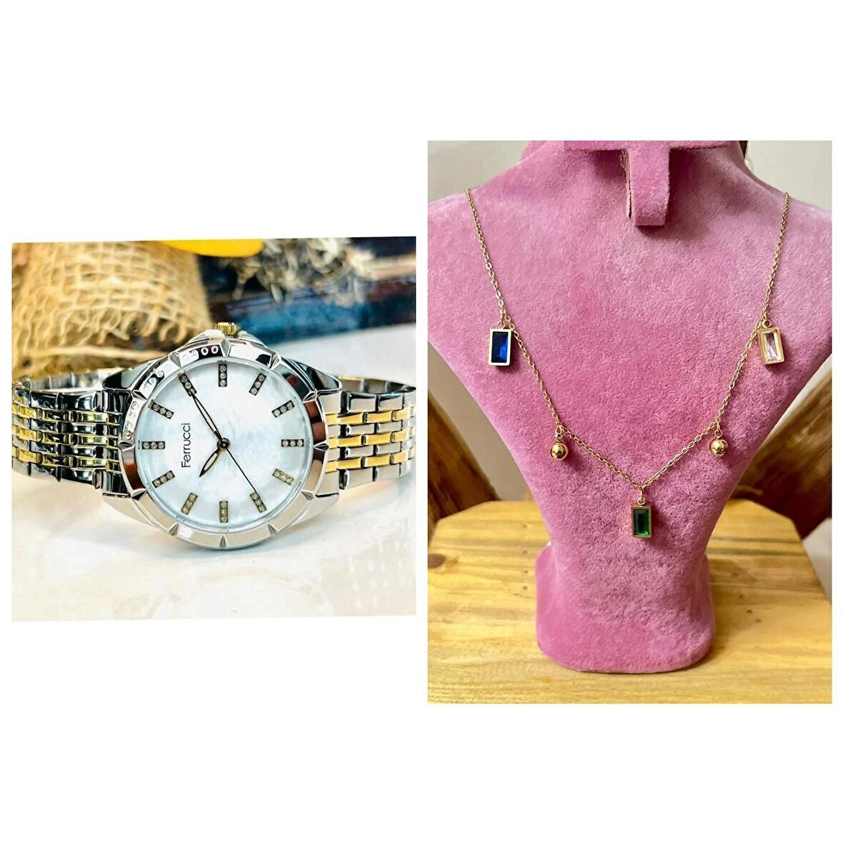Ferrucci Silver-Gold Renk Şık Çelik Kadın Kol Saat+%100 Çelik Kolye Hediyeli