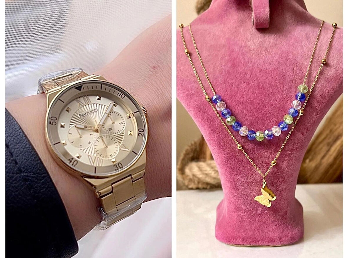 Ferrucci Gold Renk Spor Kasa Çelik Kadın Kol Saati+%100 Çelik Kolye Hediye