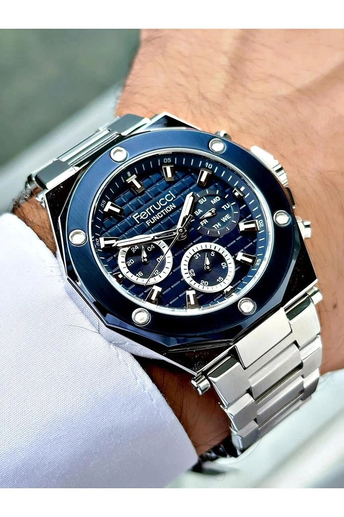 Ferrucci Silver Renk Fonksiyonlu Spor Şık Erkek Kol Saati+Bileklik