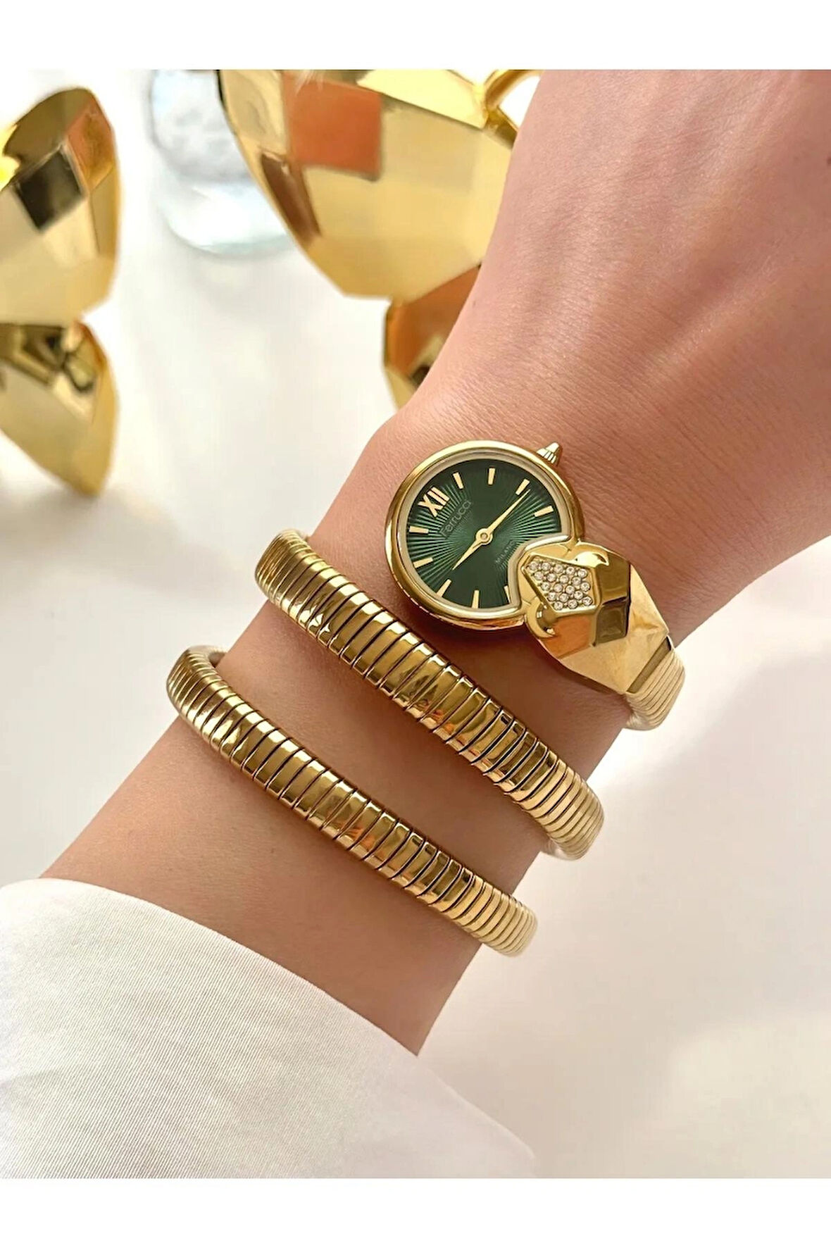 Ferrucci Gold-Yeşil Yılan Sarmal Kordon Trend Model Kadın Kol Saati