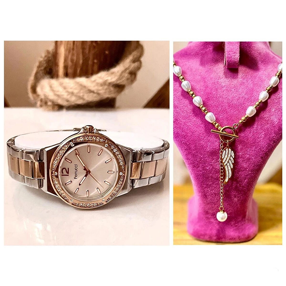 Ferrucci Çelik Şık Model Kadın Kol Saati+%100 Çelik&İncili Kolye Hediye