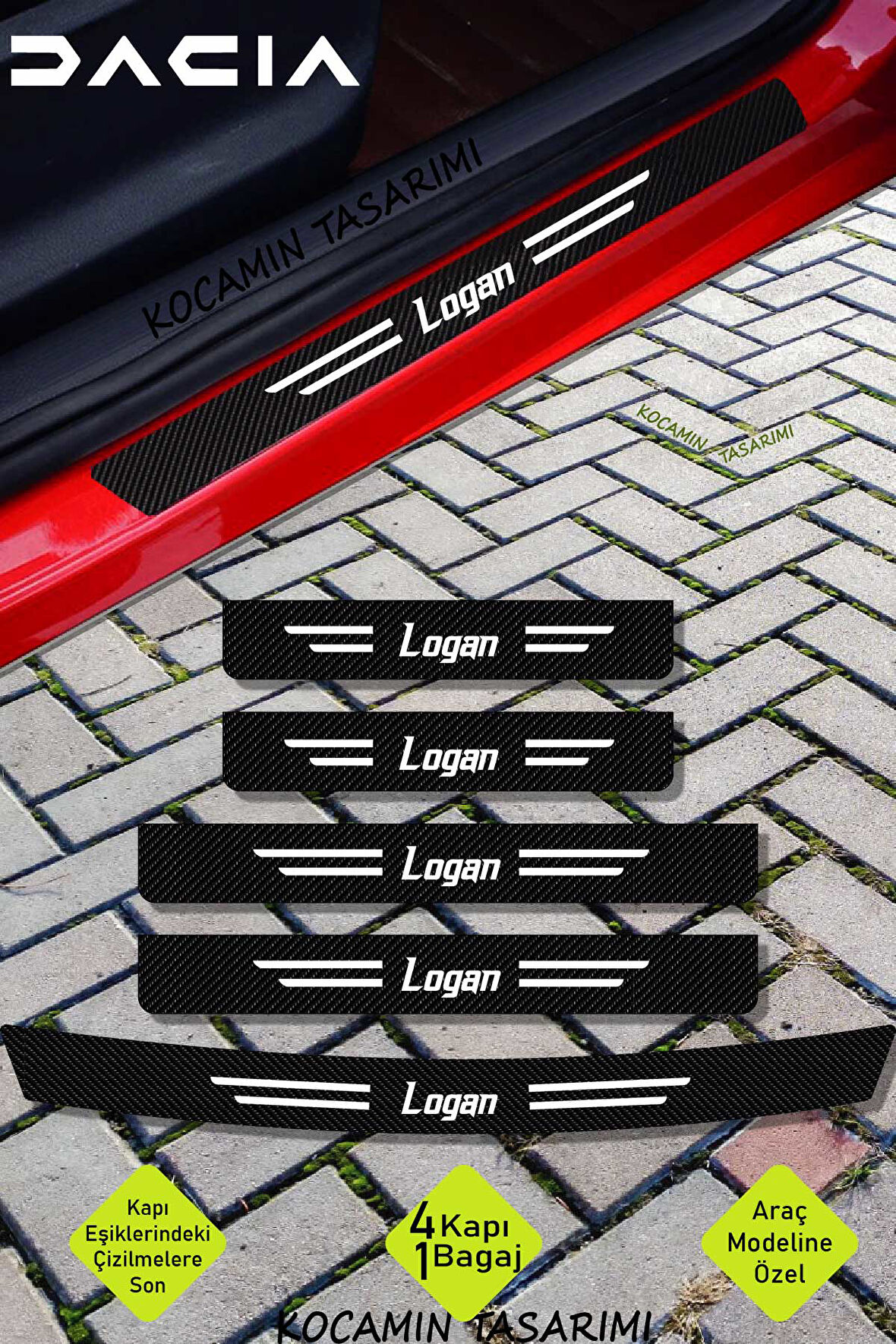 Dacia Logan Çizilmeye Dayanıklı Karbon Kapı Bagaj Eşik Koruma Seti Folyo Sticker Logan Yazılı