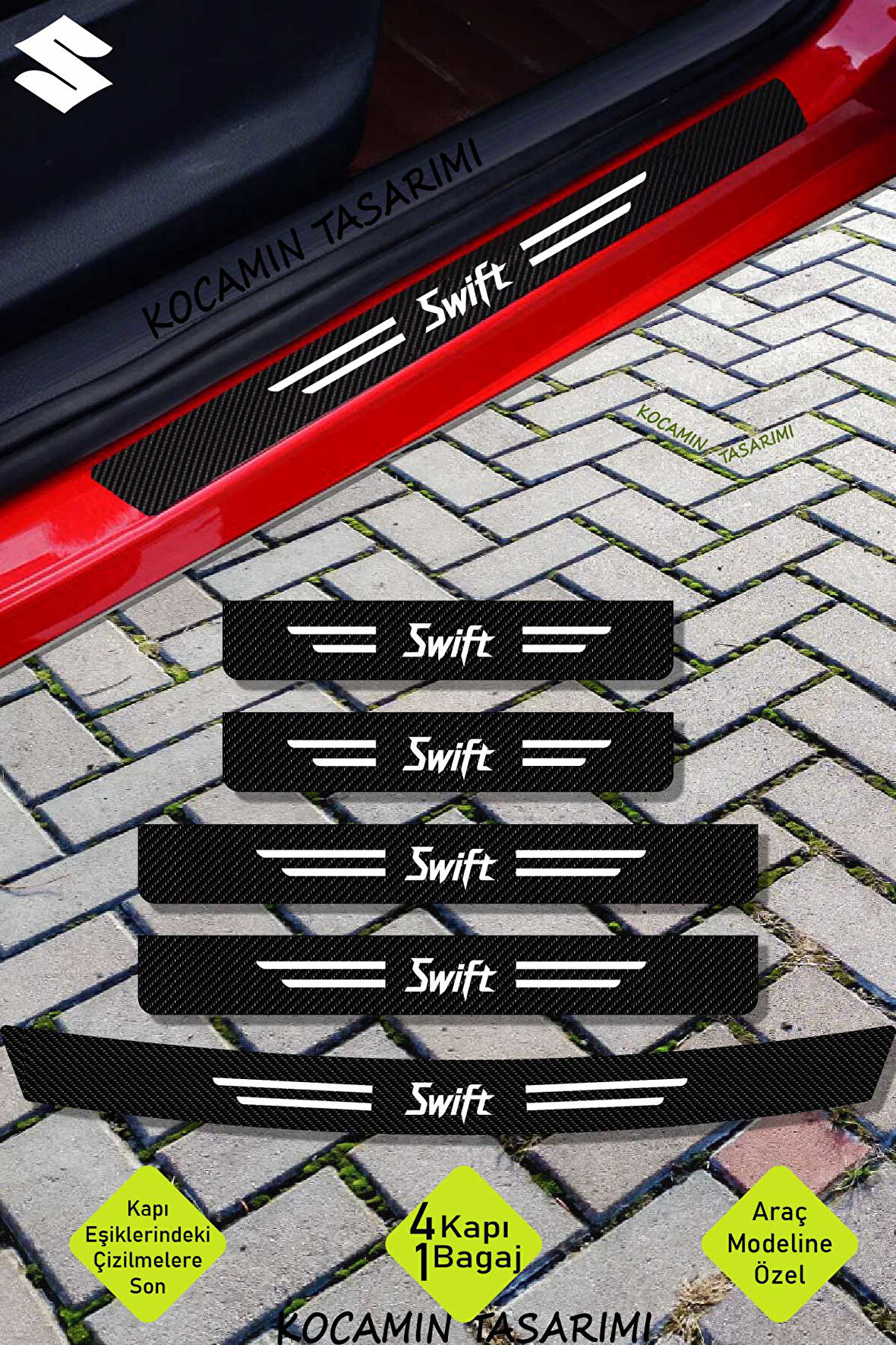 Suzuki Swift Araç Kapı Bagaj Eşiği Koruma Seti Çizilme Engelleyici Karbon Folyo Swift Yazılı