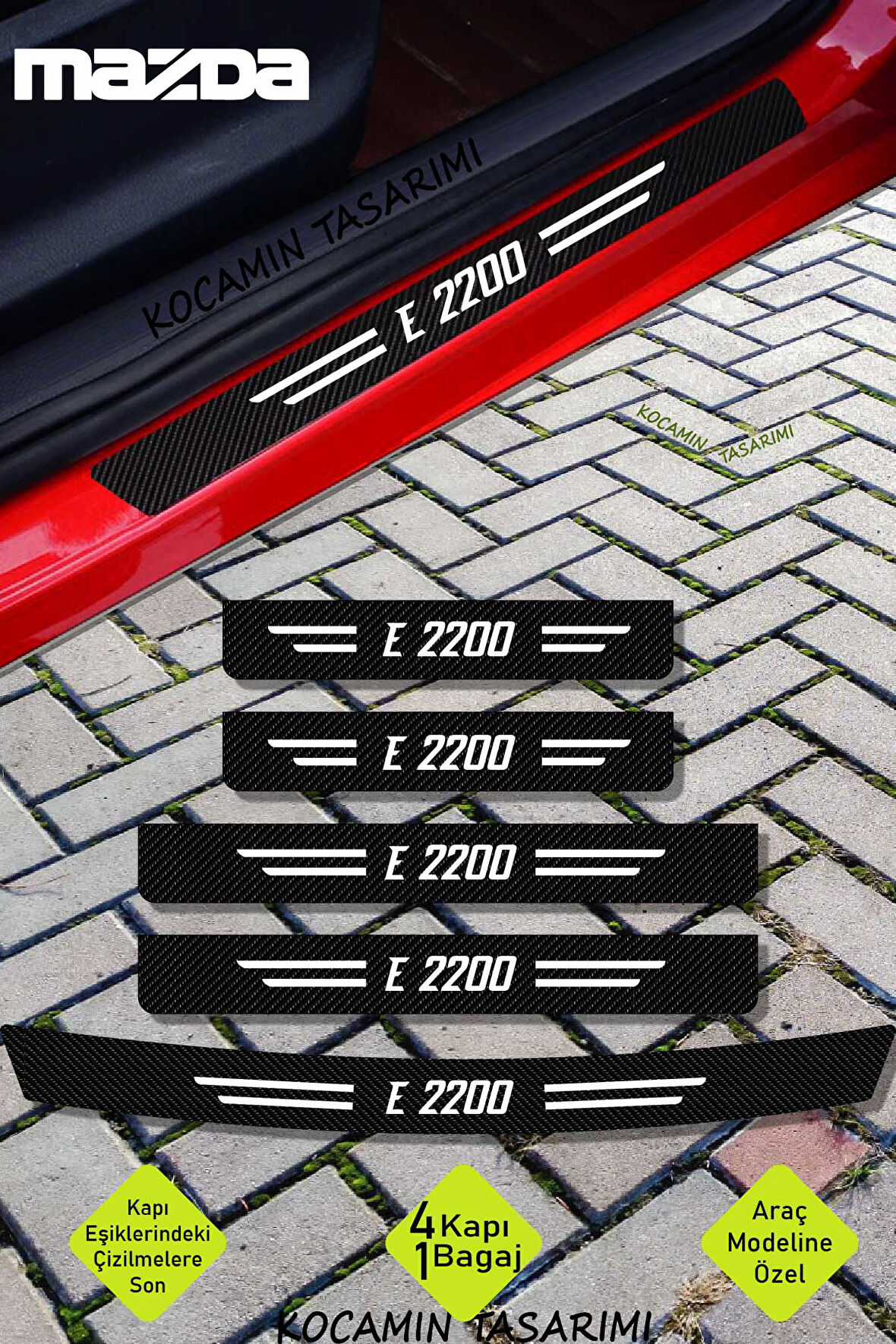 Mazda E 2200 Karbon Kapı Eşiği ve Bagaj Koruyucu Set Çizilmeye Dayanıklı Sticker Folyo E 2200 Yazılı
