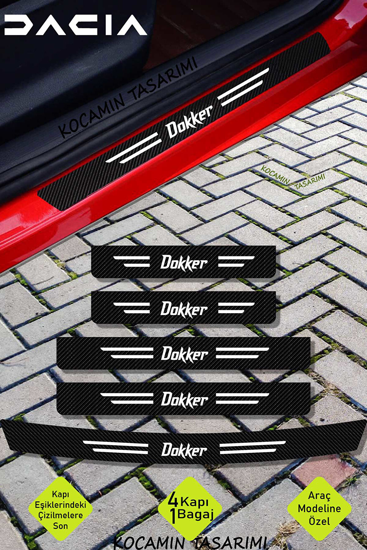 Dacia Dokker Uyumlu Karbon Kapı Bagaj Eşik Koruyucu Seti Çizilme Önleyici Folyo ve Sticker Dokker Yazılı