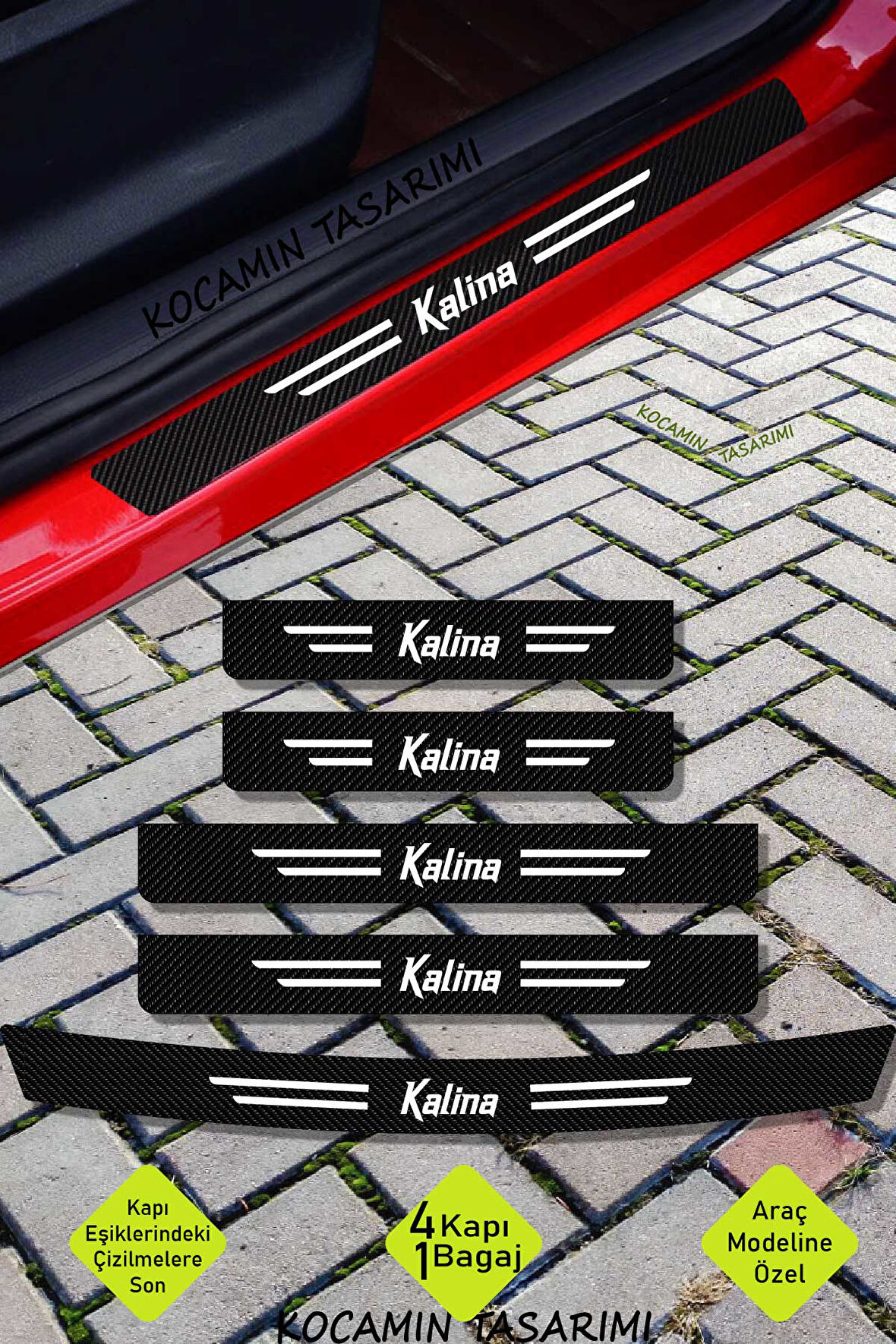 Lada Kalina Uyumlu Karbon Kapı Bagaj Eşik Koruyucu Seti Çizilme Önleyici Folyo ve Sticker Kalina Yazılı