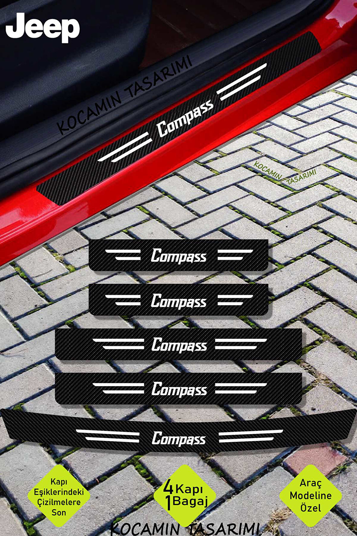 Jeep Compass Çizilmeye Dayanıklı Karbon Kapı Bagaj Eşik Koruma Seti Folyo Sticker Compass Yazılı
