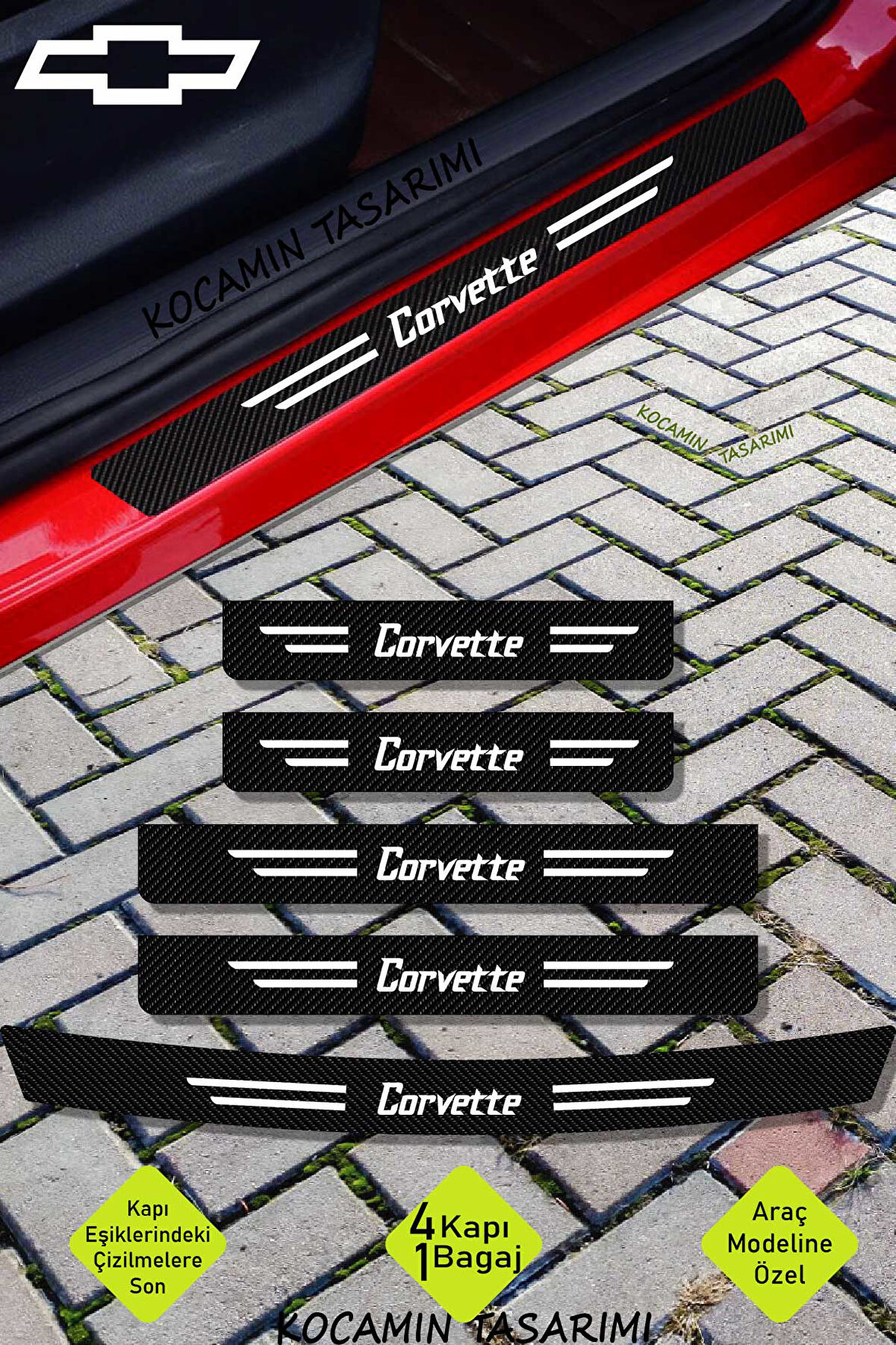 Chevrolet Corvette Çizilmeye Dayanıklı Karbon Kapı Bagaj Eşik Koruma Seti Folyo Sticker Corvette Yazılı