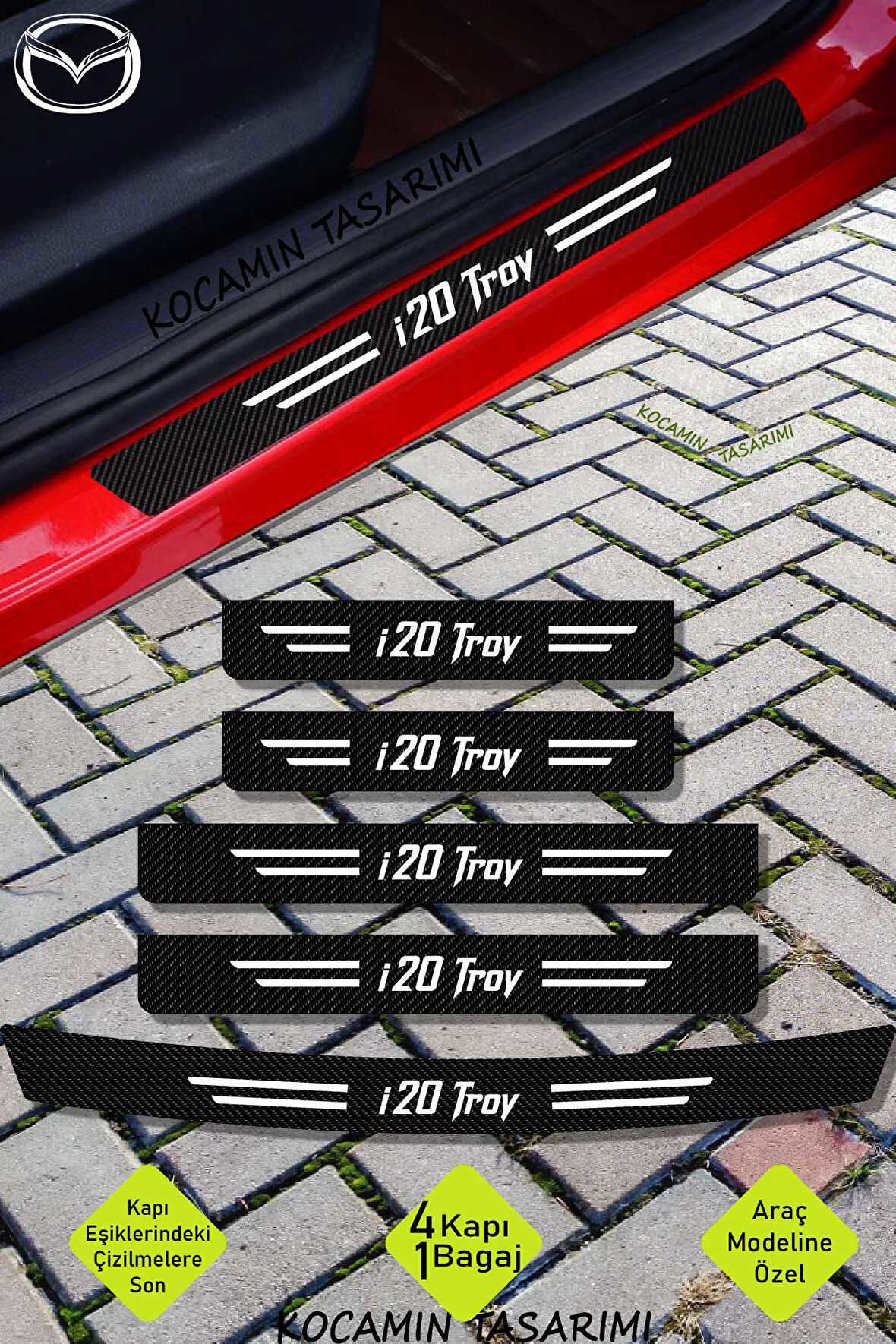 Hyundai i20 Troy Karbon Kapı Eşiği ve Bagaj Koruyucu Set Çizilmeye Dayanıklı Sticker Folyo i20 Troy Yazılı