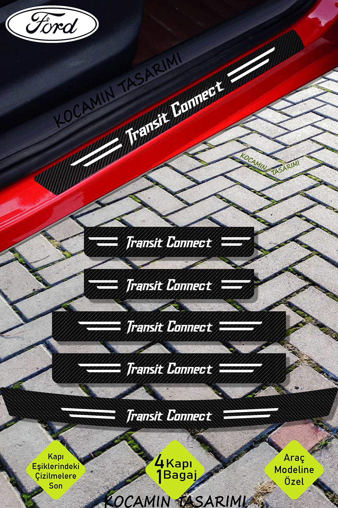 Ford Transit Connect Uyumlu Karbon Kapı Bagaj Eşik Koruyucu Seti Çizilme Önleyici Folyo ve Sticker Transit Connect Yazılı