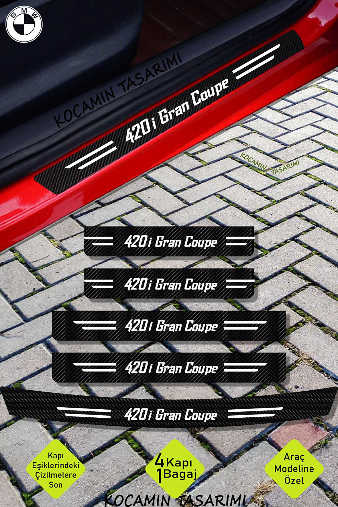 BMW  420i Gran Coupe Çizilmeye Dayanıklı Karbon Kapı Bagaj Eşik Koruma Seti Folyo Sticker  420i Gran Coupe Yazılı
