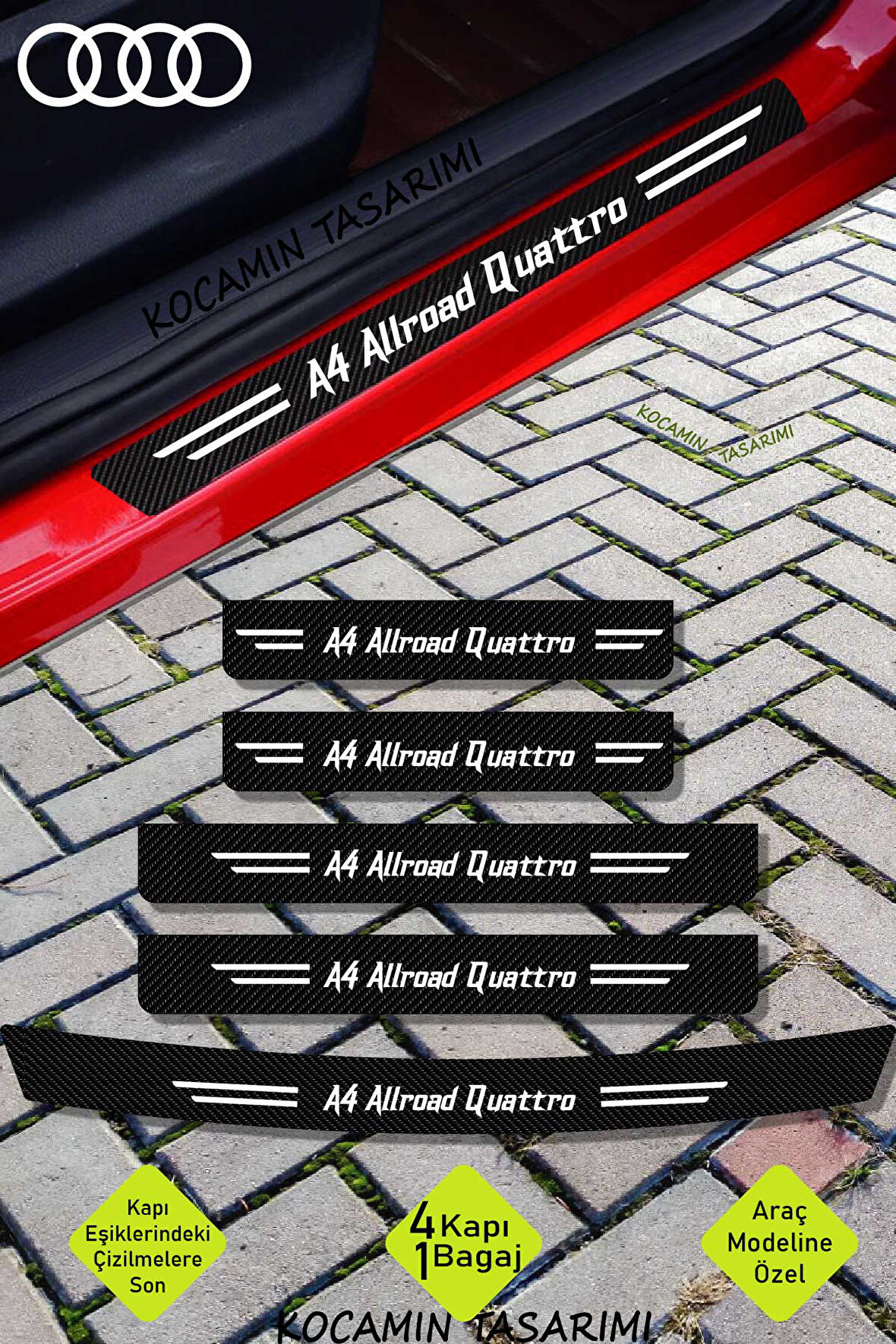 Audi A4 Allroad Quattro Karbon Kapı Eşiği ve Bagaj Koruyucu Set Çizilmeye Dayanıklı Sticker Folyo A4 Allroad Quattro Yazılı