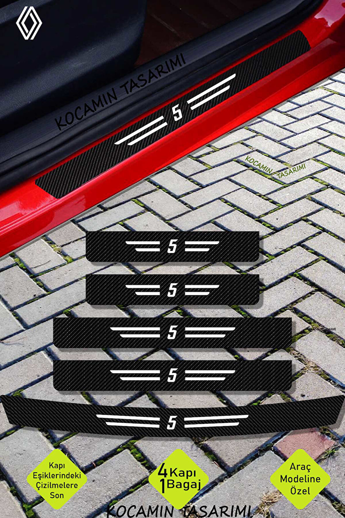 Renault 5 Karbon Kapı ve Bagaj Eşiği Koruma Seti Çizilmelere Karşı Dayanıklı Sticker Folyo 5 Yazılı