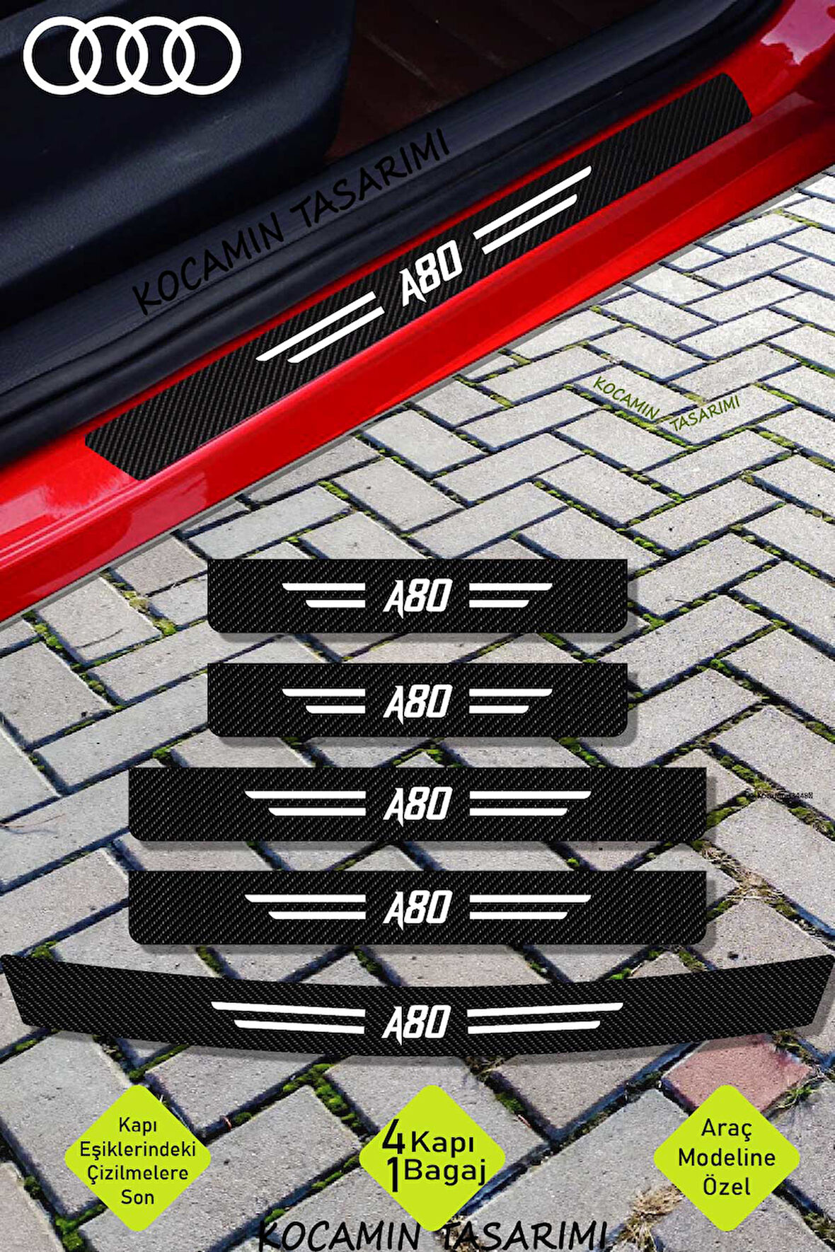 Audi A80 Karbon Kapı ve Bagaj Eşiği Koruma Seti Çizilmelere Karşı Dayanıklı Sticker Folyo A80 Yazılı