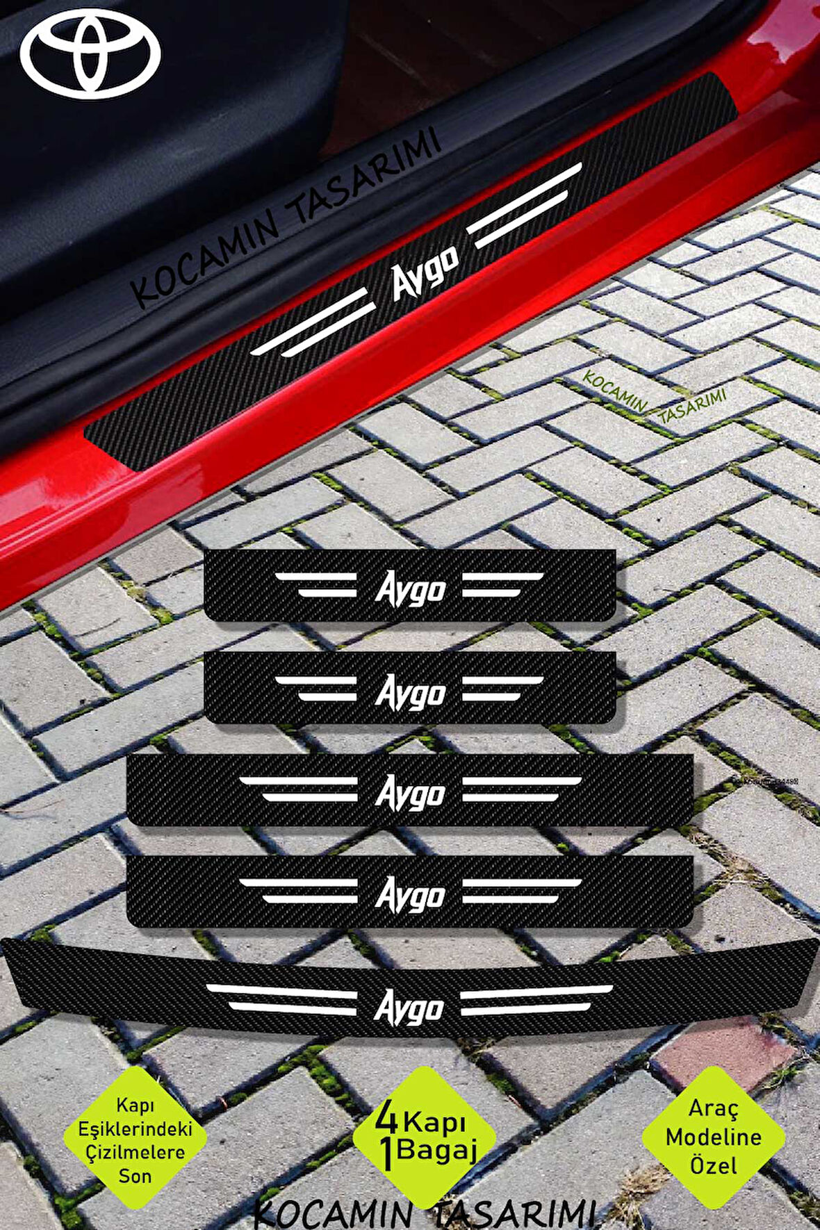 Toyota Aygo Araç Kapı ve Bagaj Eşiği İçin Çizilmeye Dayanıklı Karbon Folyo Koruma Seti Aygo Yazılı