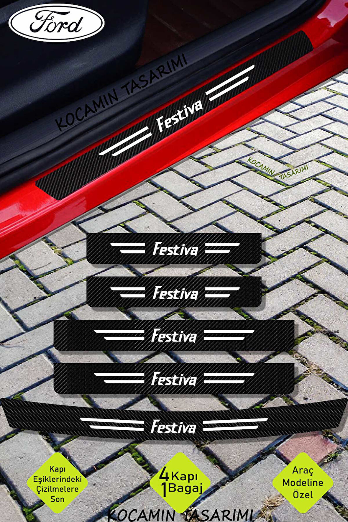 Ford Festiva Çiziklere Karşı Dayanıklı Karbon Kapı Bagaj Koruma Seti Sticker Folyo Festiva Yazılı