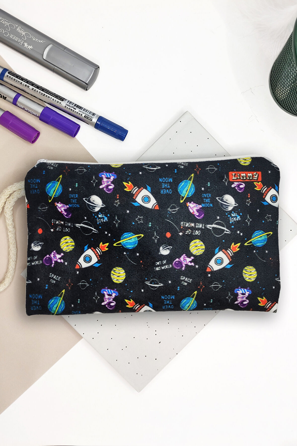 Astronot Desenli Kalem Kutusu Yıkanabilir Bez Kalemlik 