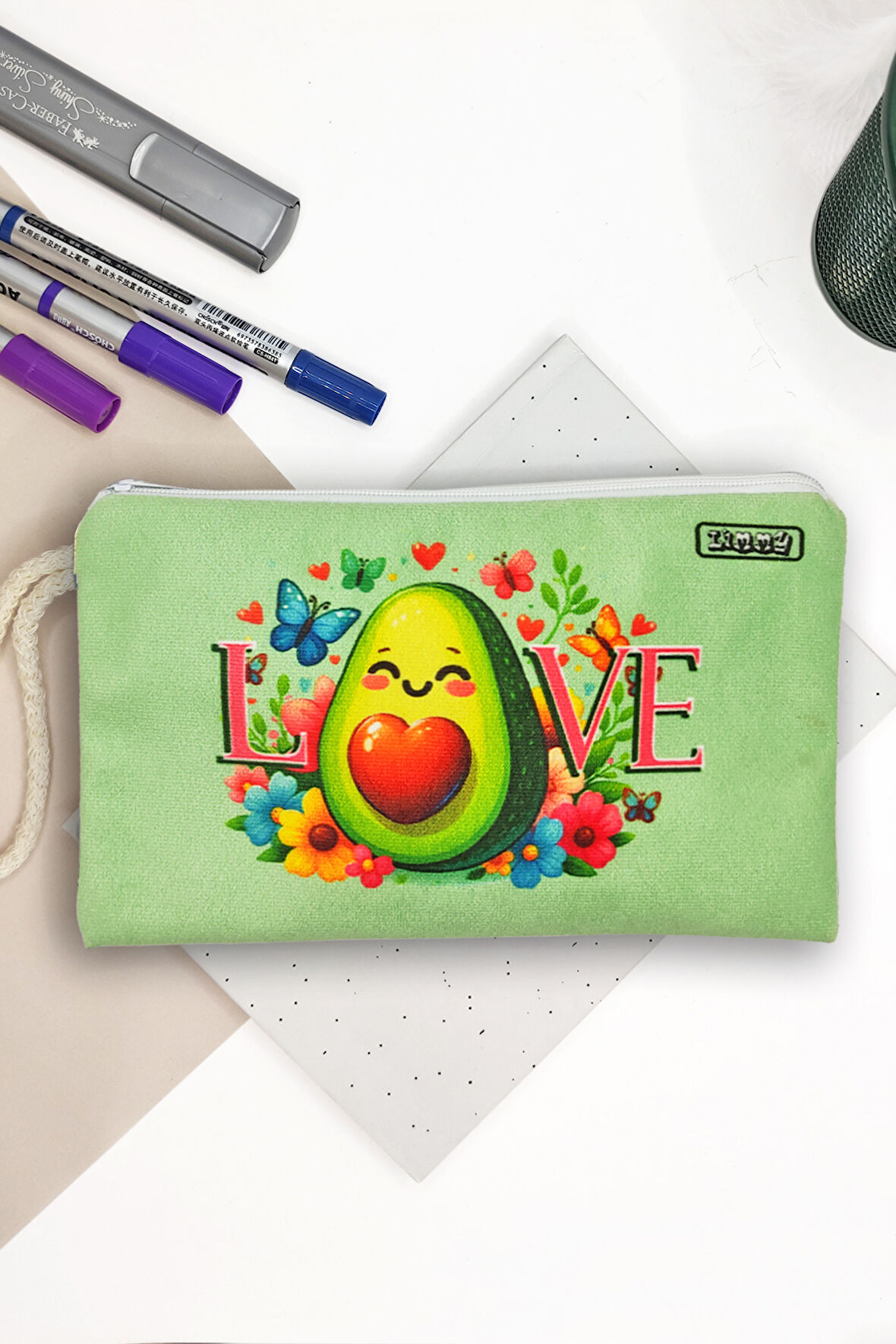 Avokado Love Desenli Kalem Kutusu Yıkanabilir Bez Kalemlik 