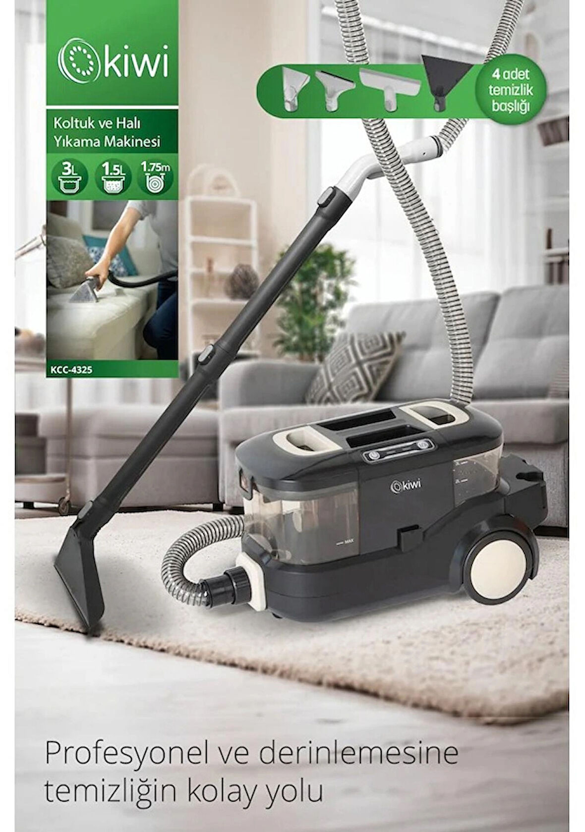 Kiwi Kcc-4325W Koltuk,  Halı Yıkama ve Leke Çıkarma Makinesi Siyah
