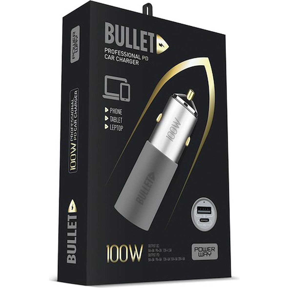 Powerway Bullet 100W Araç Çakmaklık Şarj Cihazı Type-C ve USB Çıkışlı Profesyonel Turbo Hızlı Araç Şarj