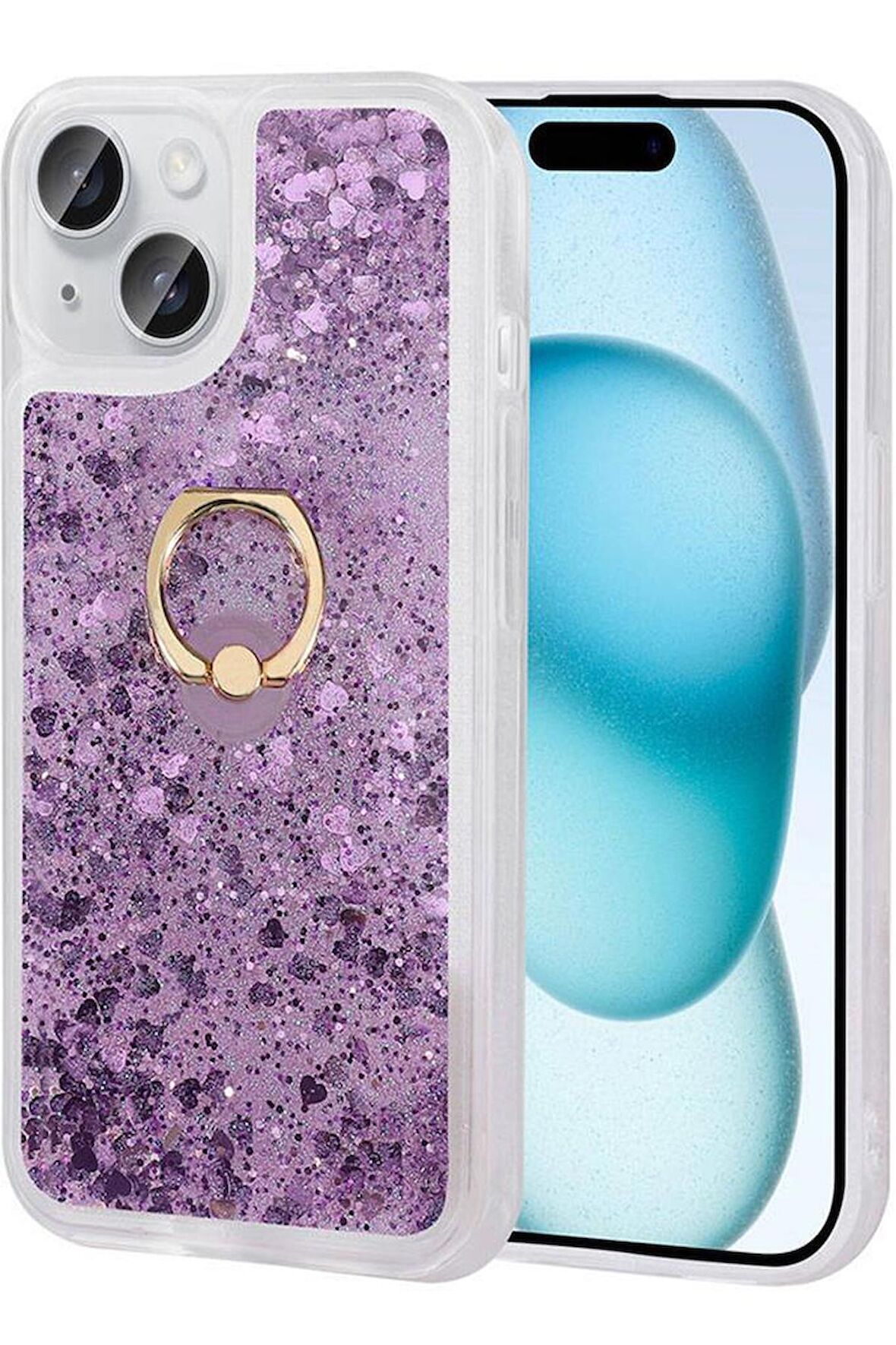 Apple iPhone 15 Kılıf Sıvılı Simli Pullu Yüzüklü Standlı Lüx Silikon