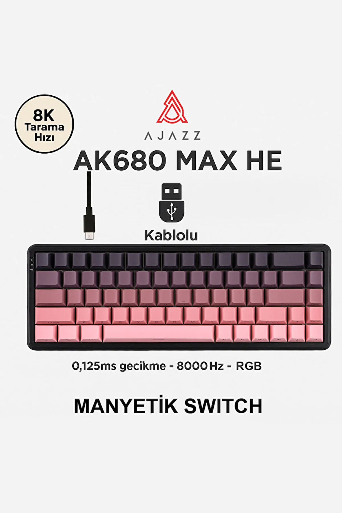 AK680 Max Rapid Trigger Manyetik Switch Kablolu Mekanik Klavye RGB 0.125 MS Ultra Düşük Gecikme