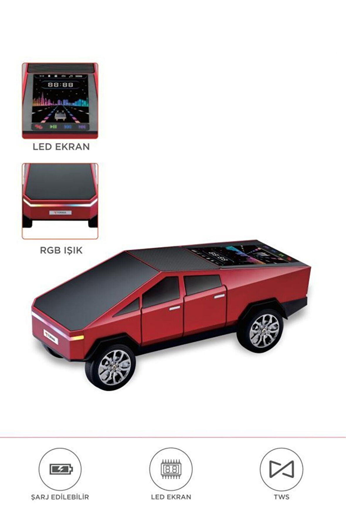 D68 CyberTruck Araba Tasarımlı Led Ekranli Radyolu Bluetooth Hoparlör 15W Güçlü Ses RGB LED /TWS/USB